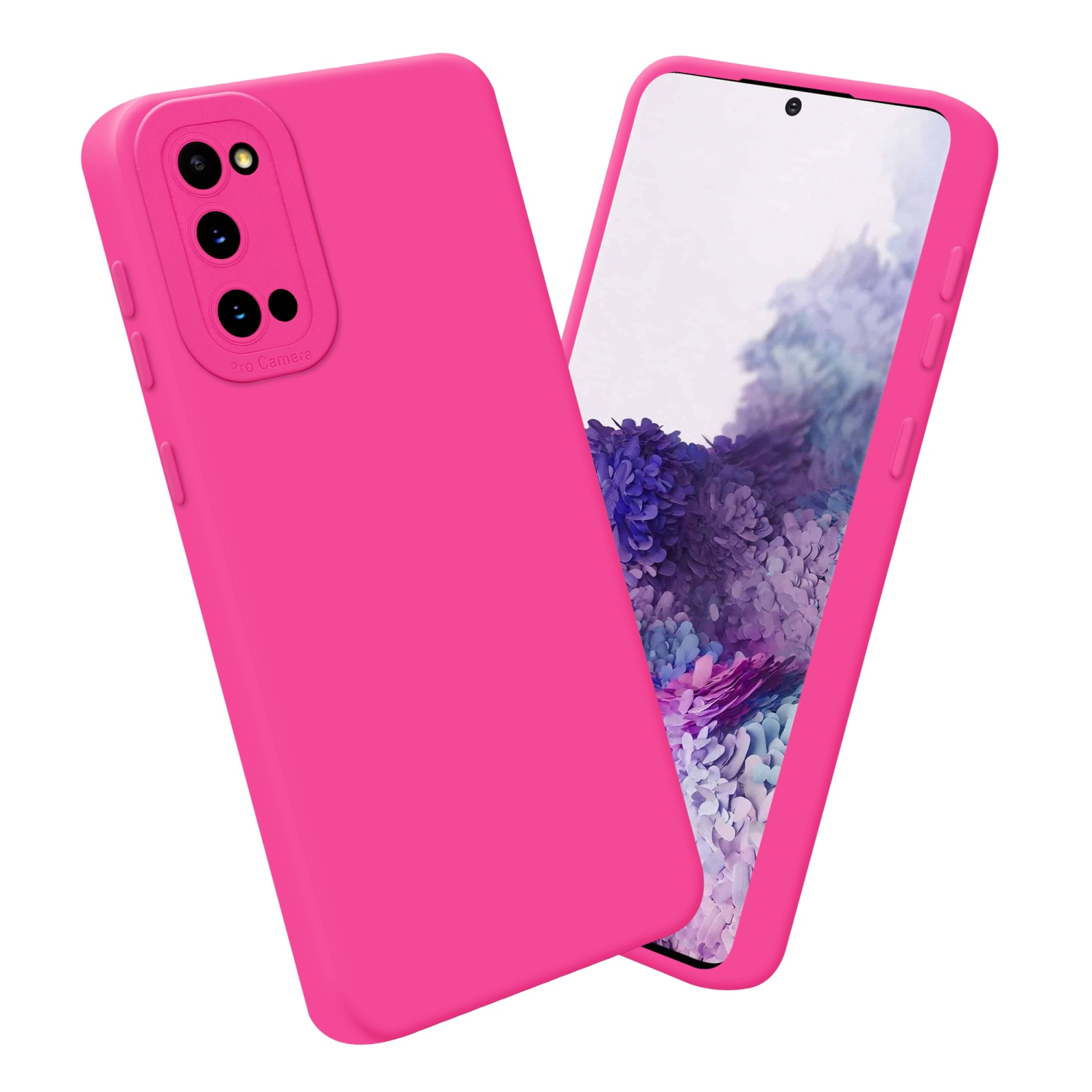 Custodia rosa per telefono con smartphone all'interno. La custodia copre retro e lati.