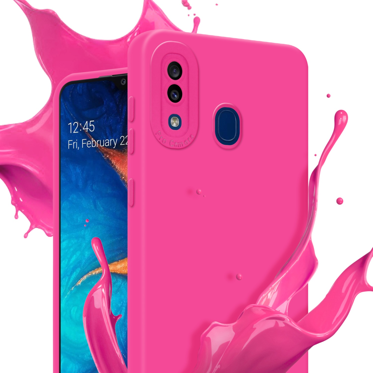 Custodia rosa con schizzo rosa su schermo blu. Schermo mostra una data.