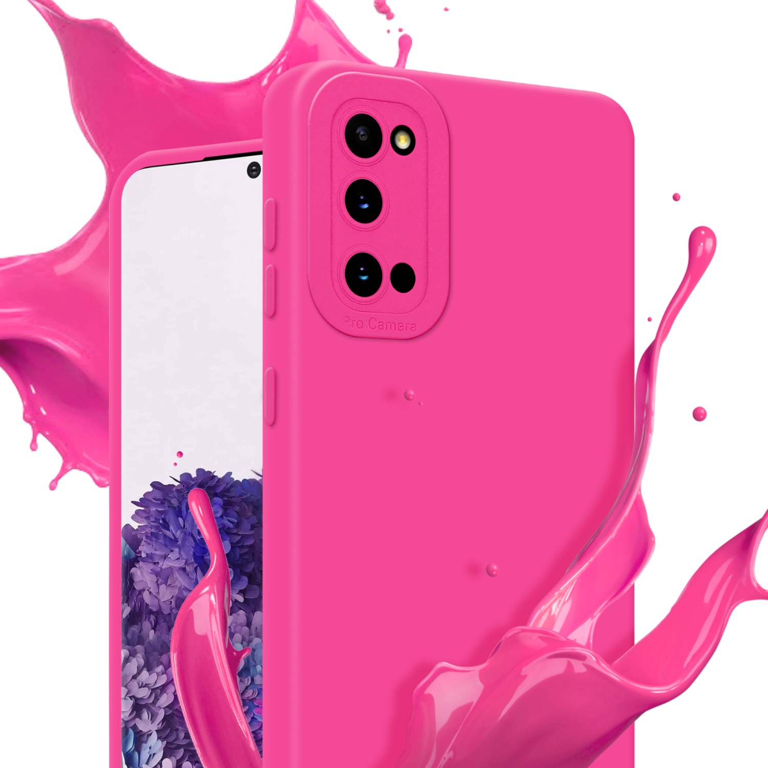 Una custodia rosa per telefono con un telefono dentro e schizzi rosa sullo sfondo.