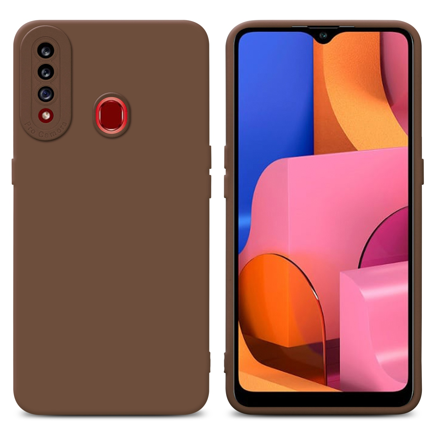 Una custodia per telefono marrone con uno schermo del telefono e uno sfondo rosa e arancione.