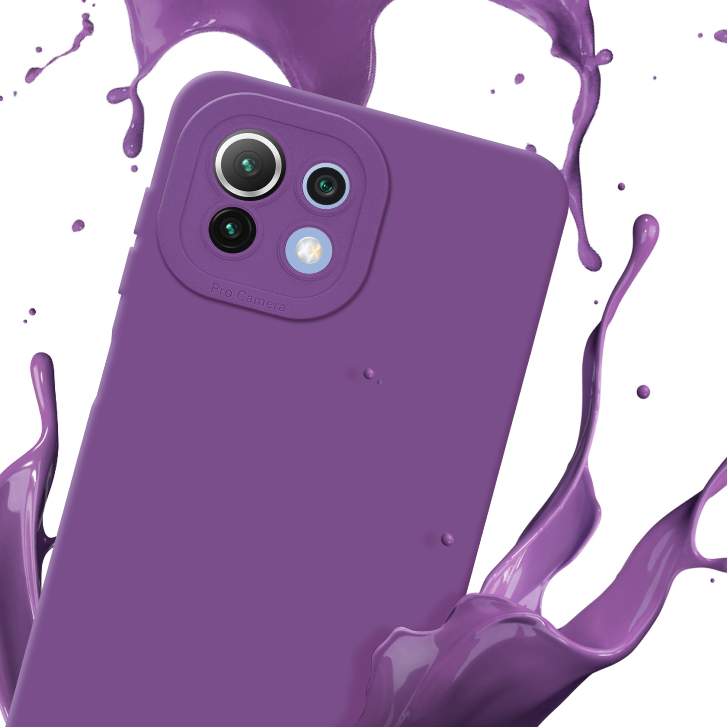 Étui violet avec 'Pro Camera' entouré d'éclaboussures de peinture violette sur fond blanc.