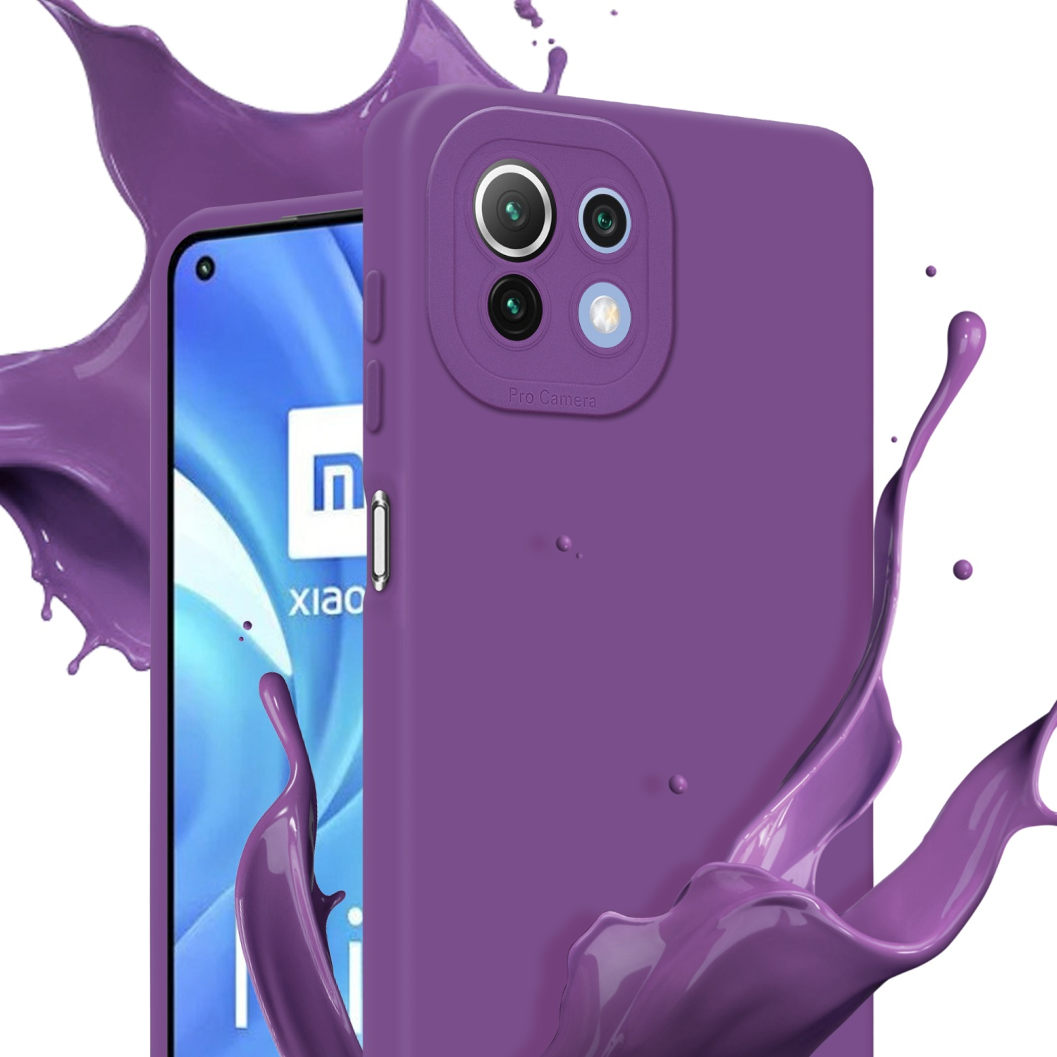 Coque de téléphone violette avec éclaboussures de liquide violet. Pro Camera est écrit dessus.