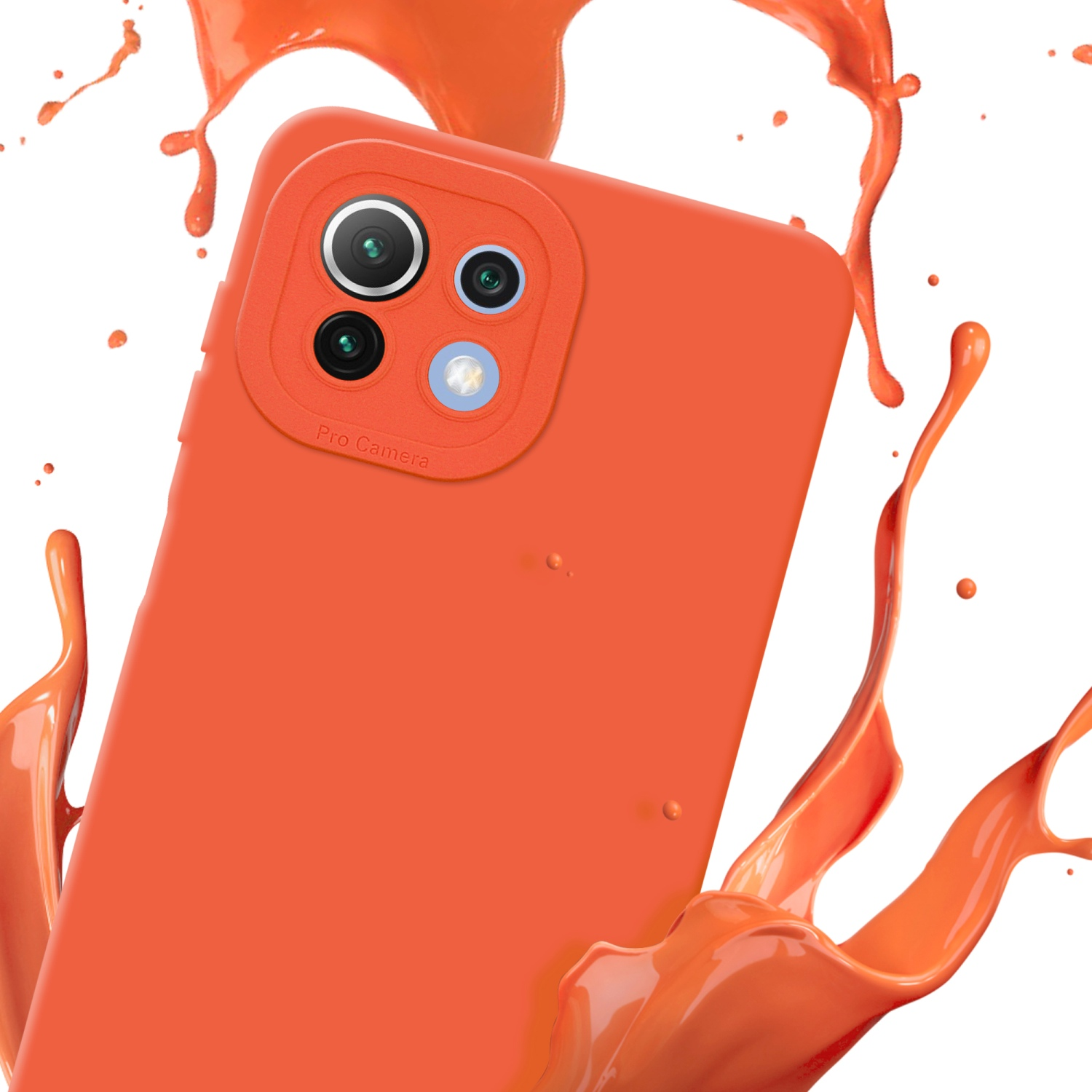 Custodia per telefono arancione con un'esplosione di liquido arancione. La custodia è per un telefono con più fotocamere.