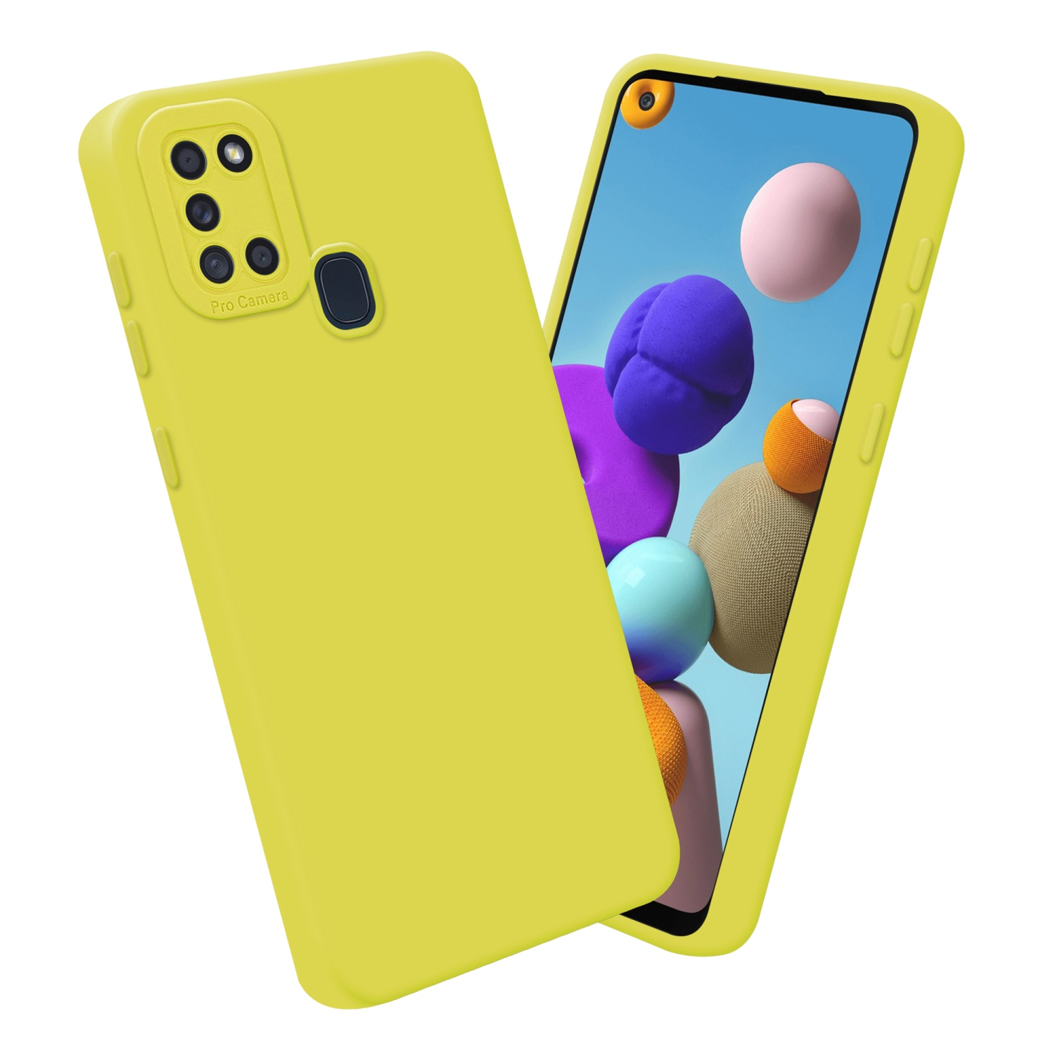 Due custodie gialle per telefono, una aperta per mostrare lo schermo con sfere colorate all'interno.