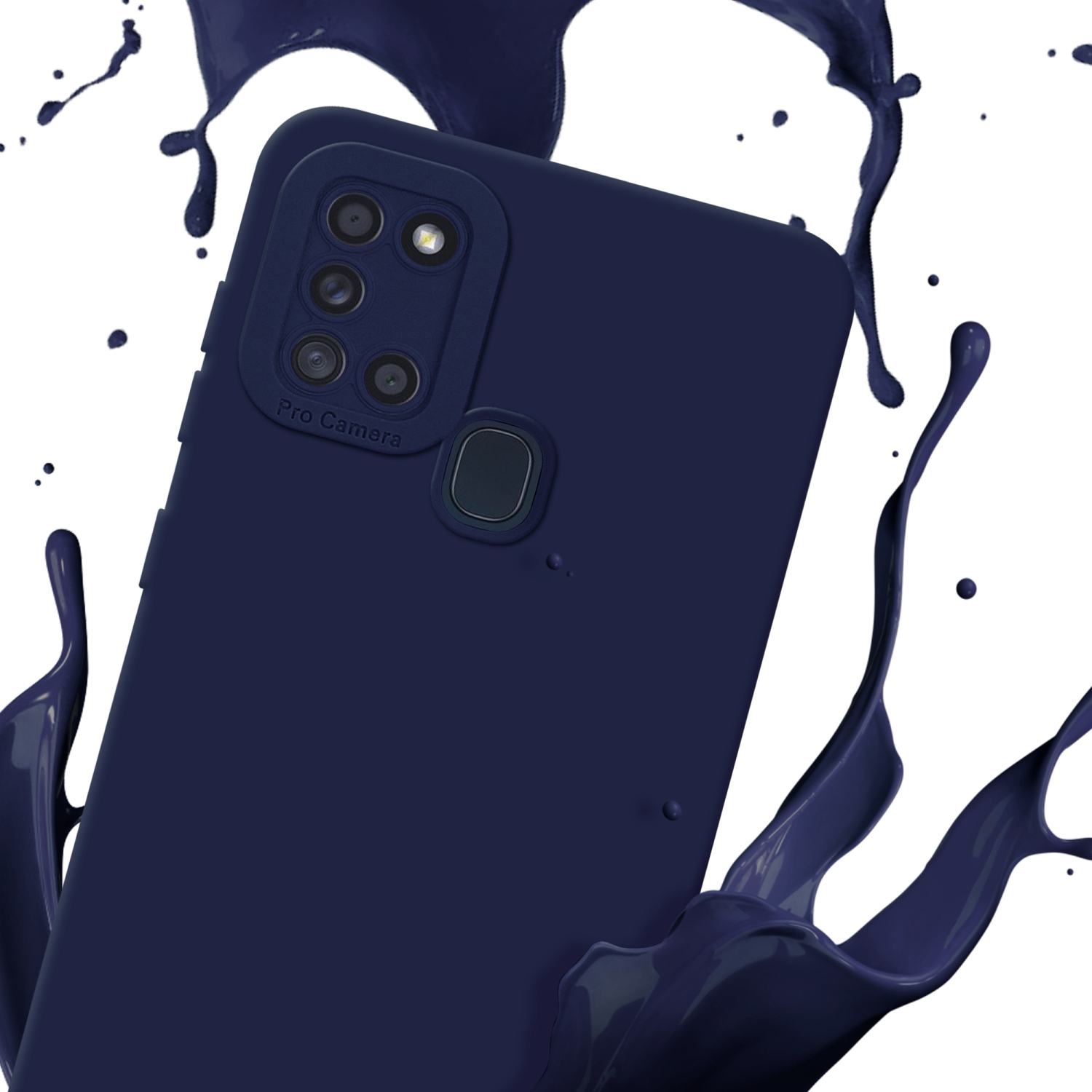 Una custodia per telefono blu scuro con fotocamera professionale è circondata da uno spruzzo di liquido blu scuro.
