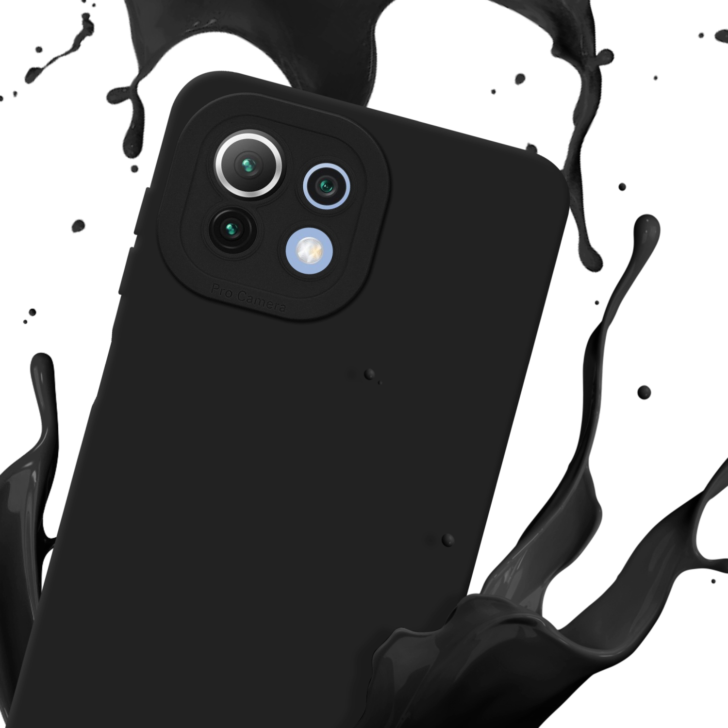 Custodia nera con sporgenza fotocamera. Schizzo di liquido nero su sfondo bianco.
