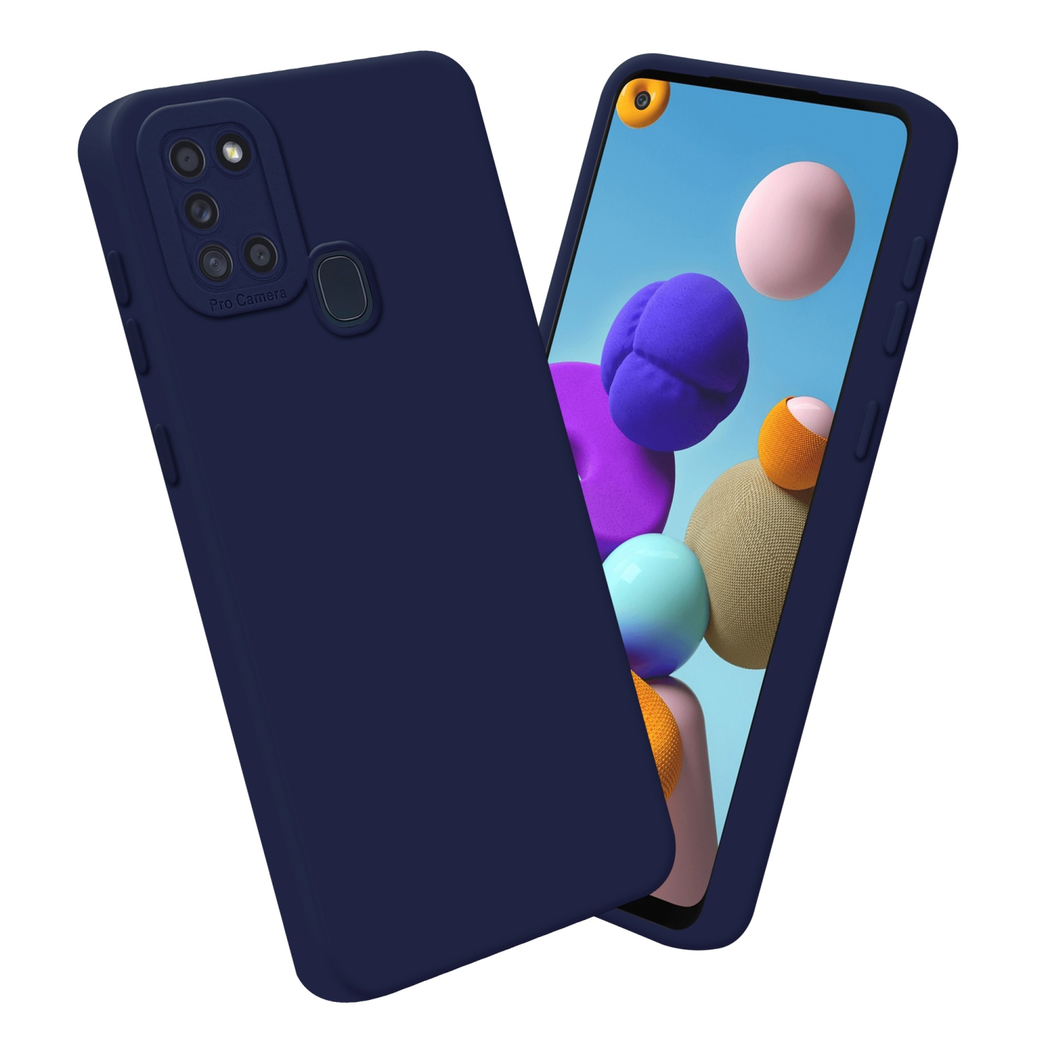 Una custodia per telefono blu scuro con uno sfondo colorato sullo schermo del telefono.