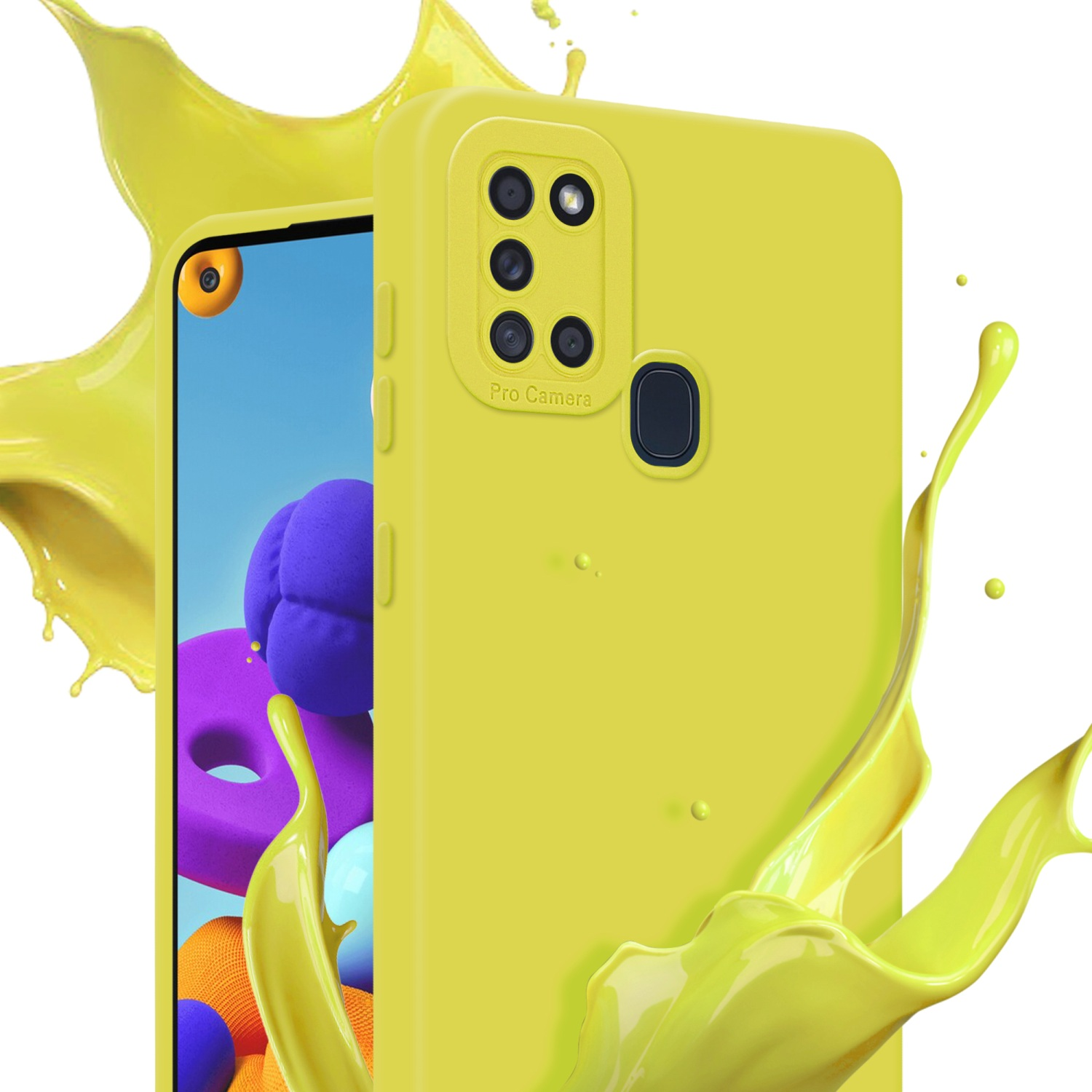 Custodia per telefono gialla con effetto splash. Il telefono è nella custodia, la fotocamera visibile.