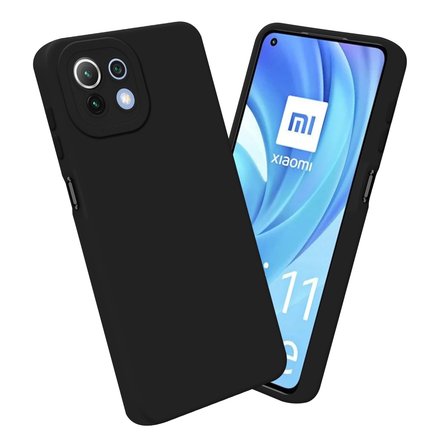 Due custodie nere. Una angolata con fotocamere, l'altra ha uno schermo con logo Xiaomi.