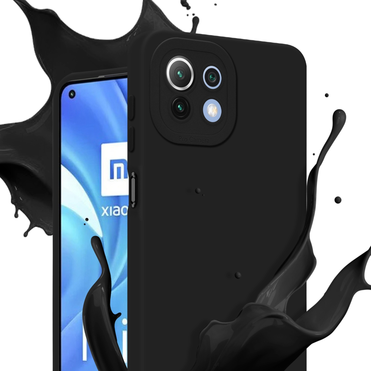 Custodia nera con telefono dentro. Schizzi di vernice nera intorno.