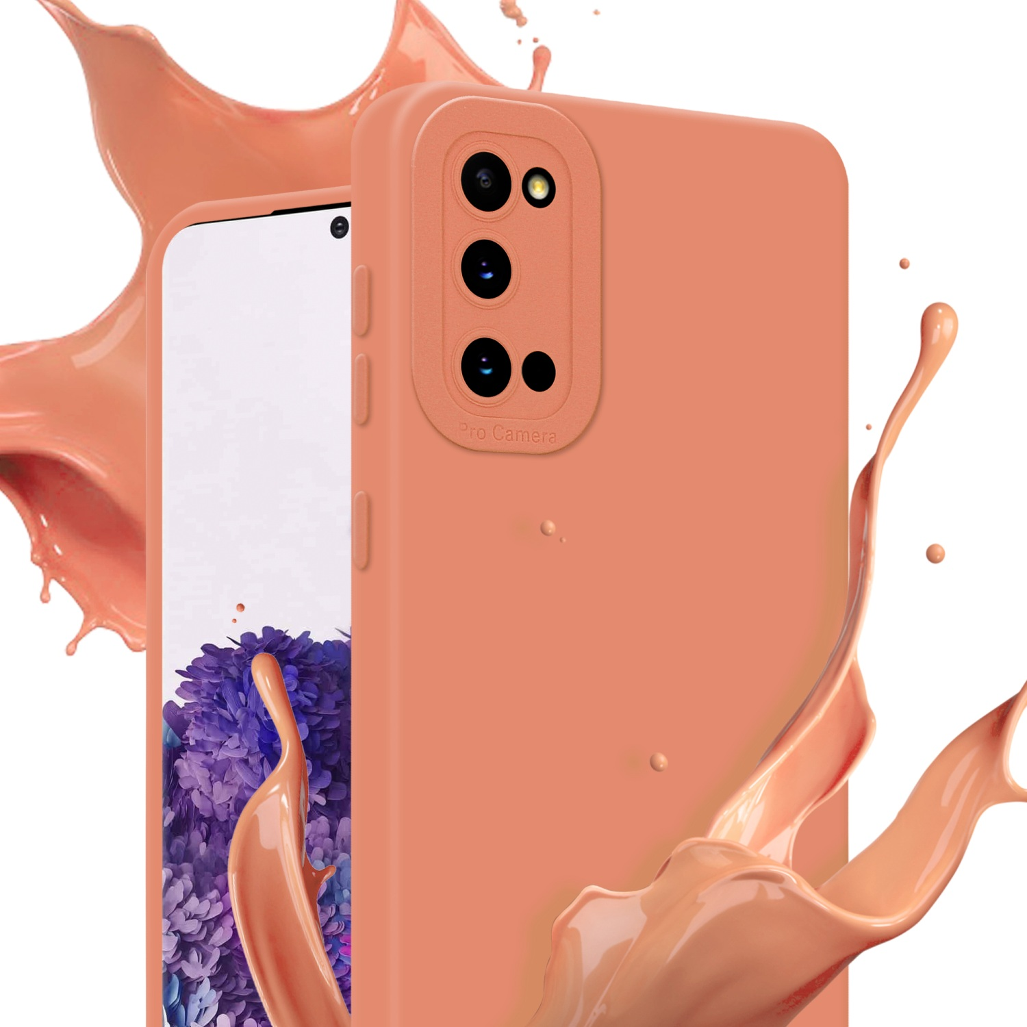 Telefono arancione con custodia e spruzzi arancioni.