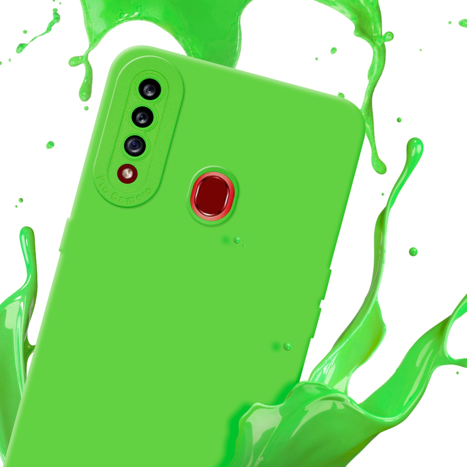 Custodia per telefono verde con schizzi verdi. Il telefono ha ritagli per la fotocamera sul retro.