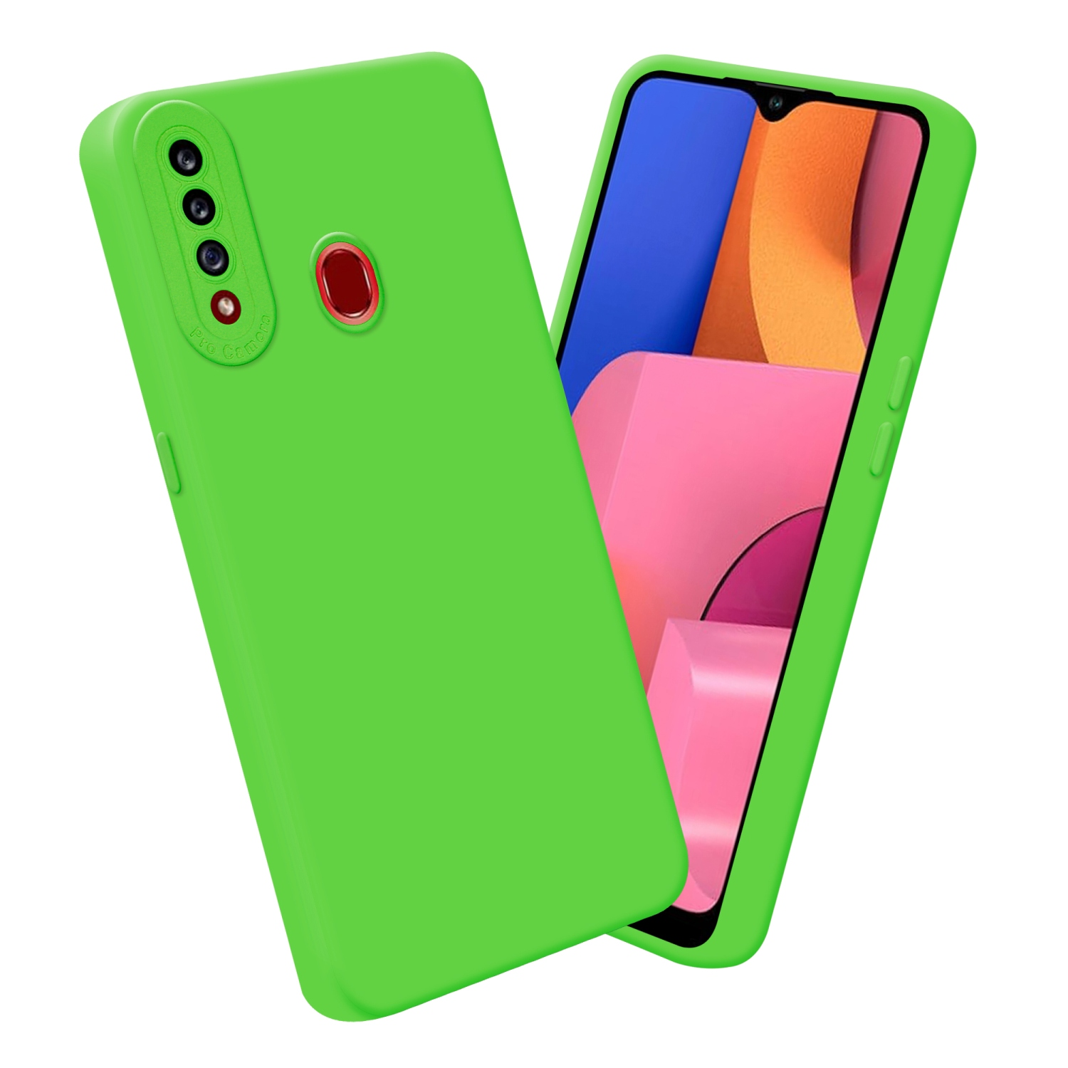 Custodia per telefono verde con fotocamera e telefono con schermo che mostra un tema rosa e arancione.