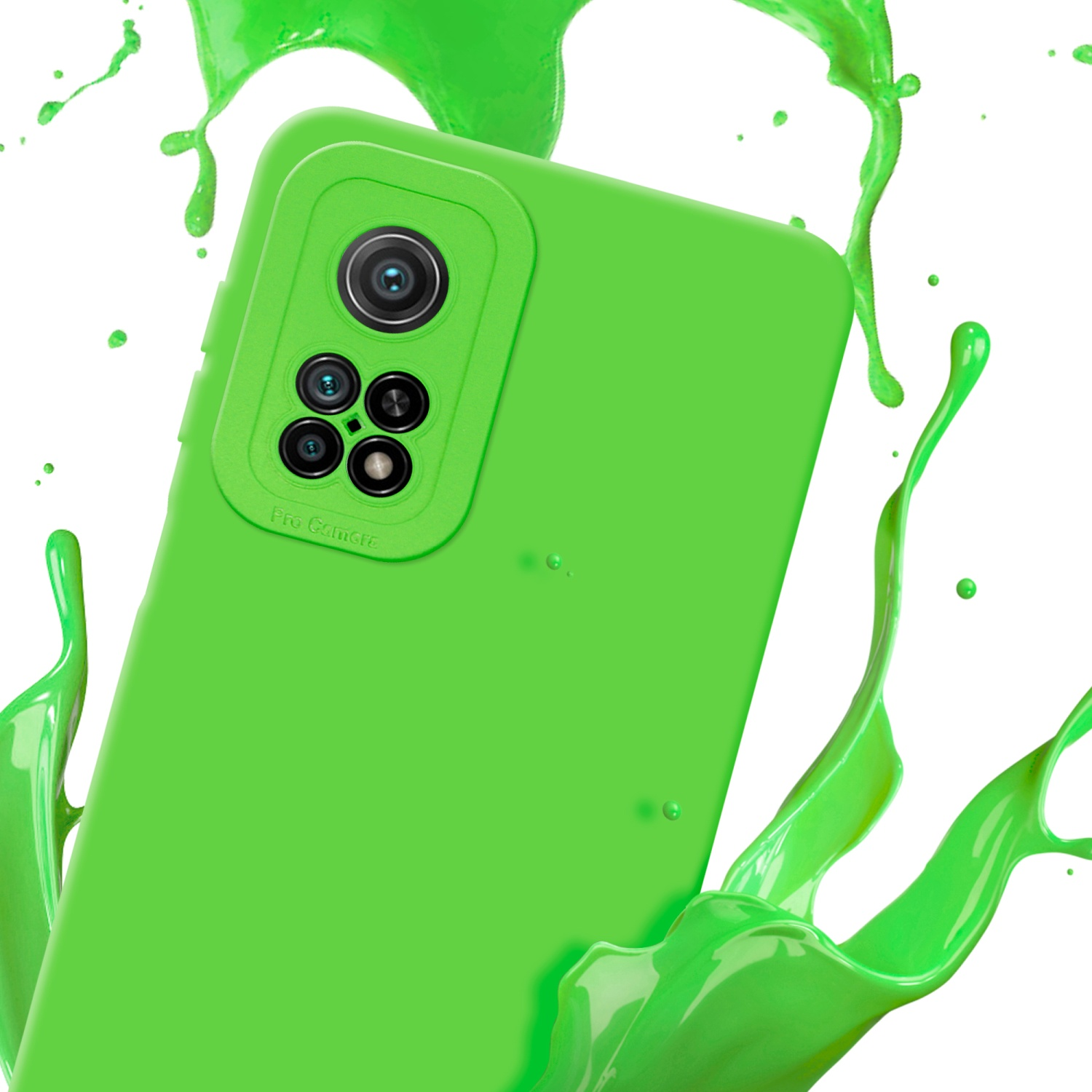 Custodia verde per telefono con schizzi di vernice verde intorno. L'area della fotocamera è visibile.