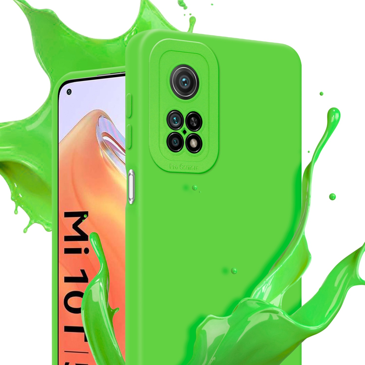 Custodia verde con schermo del telefono. Schizzo di liquido verde attorno al telefono.