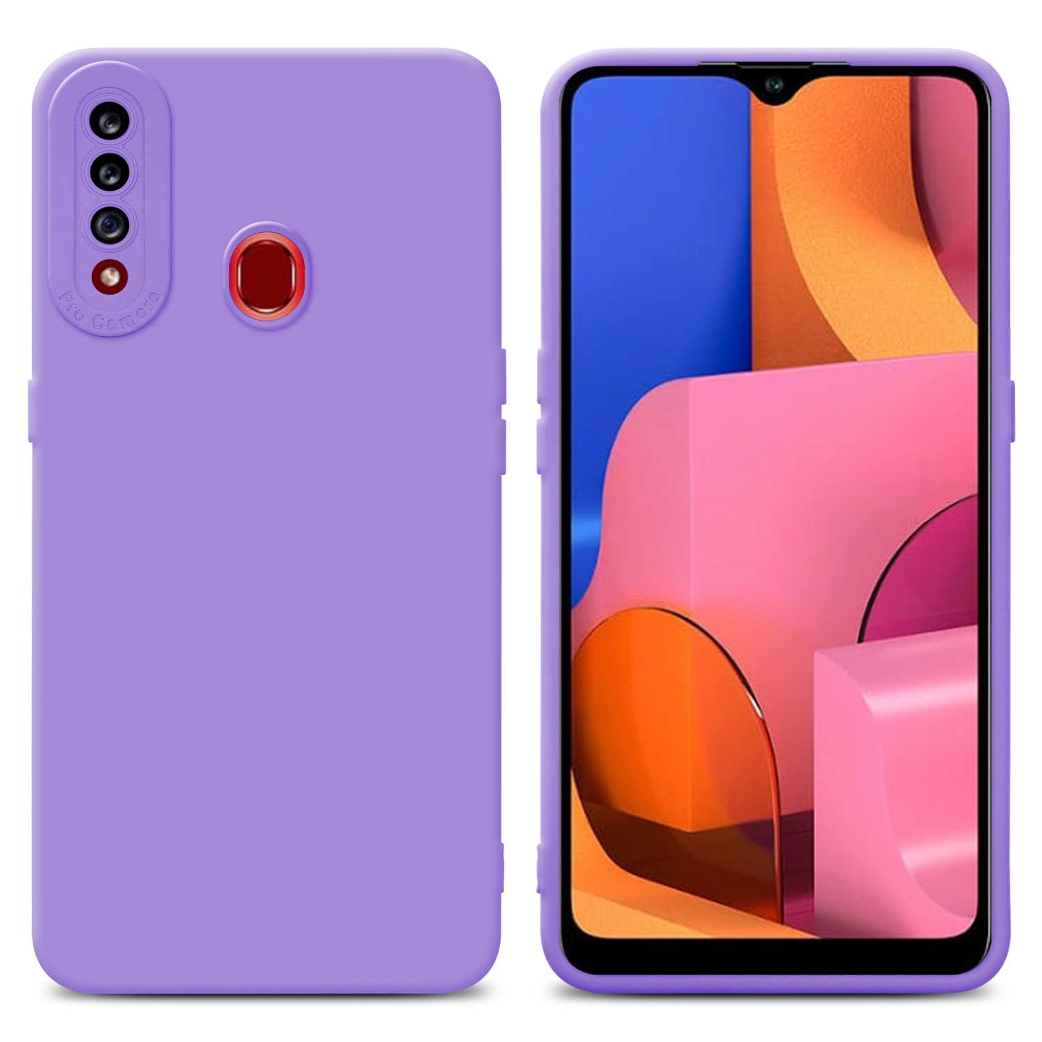 Custodia per telefono lavanda con telefono a destra. Pro Camera visibile. Sfondo rosa e arancione.