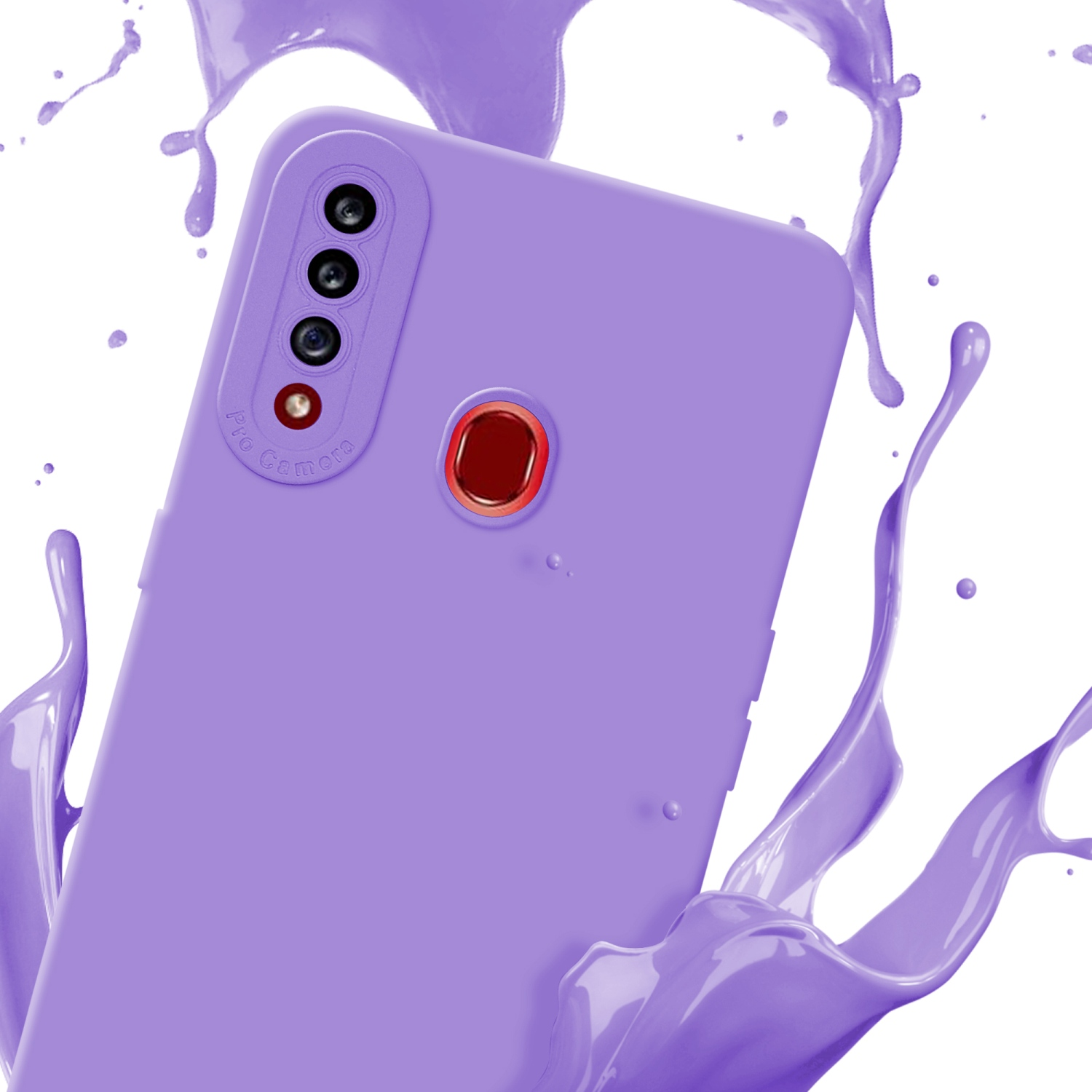 Una custodia viola con schizzi di vernice viola, con il retro di un telefono visibile.
