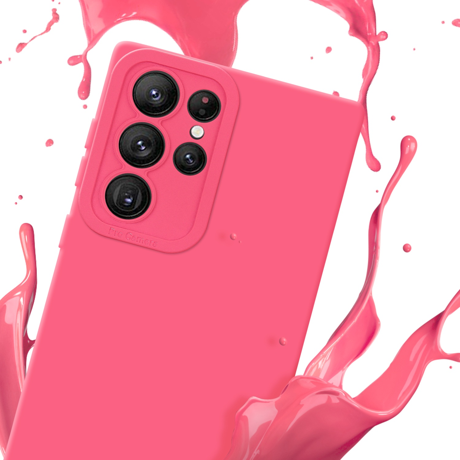 Custodia rosa per telefono con spruzzo di colore rosa. Lo schermo non è visibile.