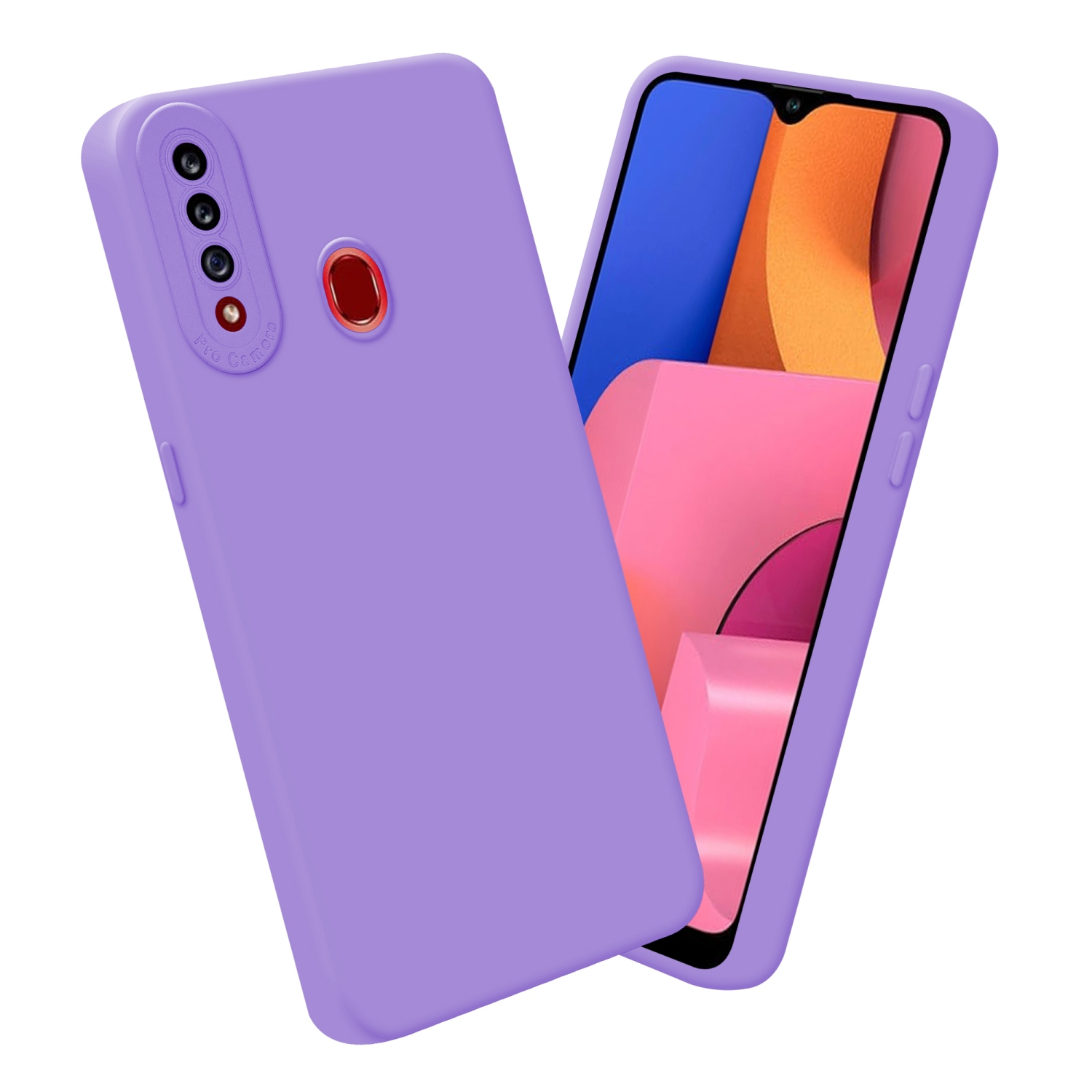 Custodia viola per telefono con modulo fotocamera e telefono a destra. Sfondo bianco.
