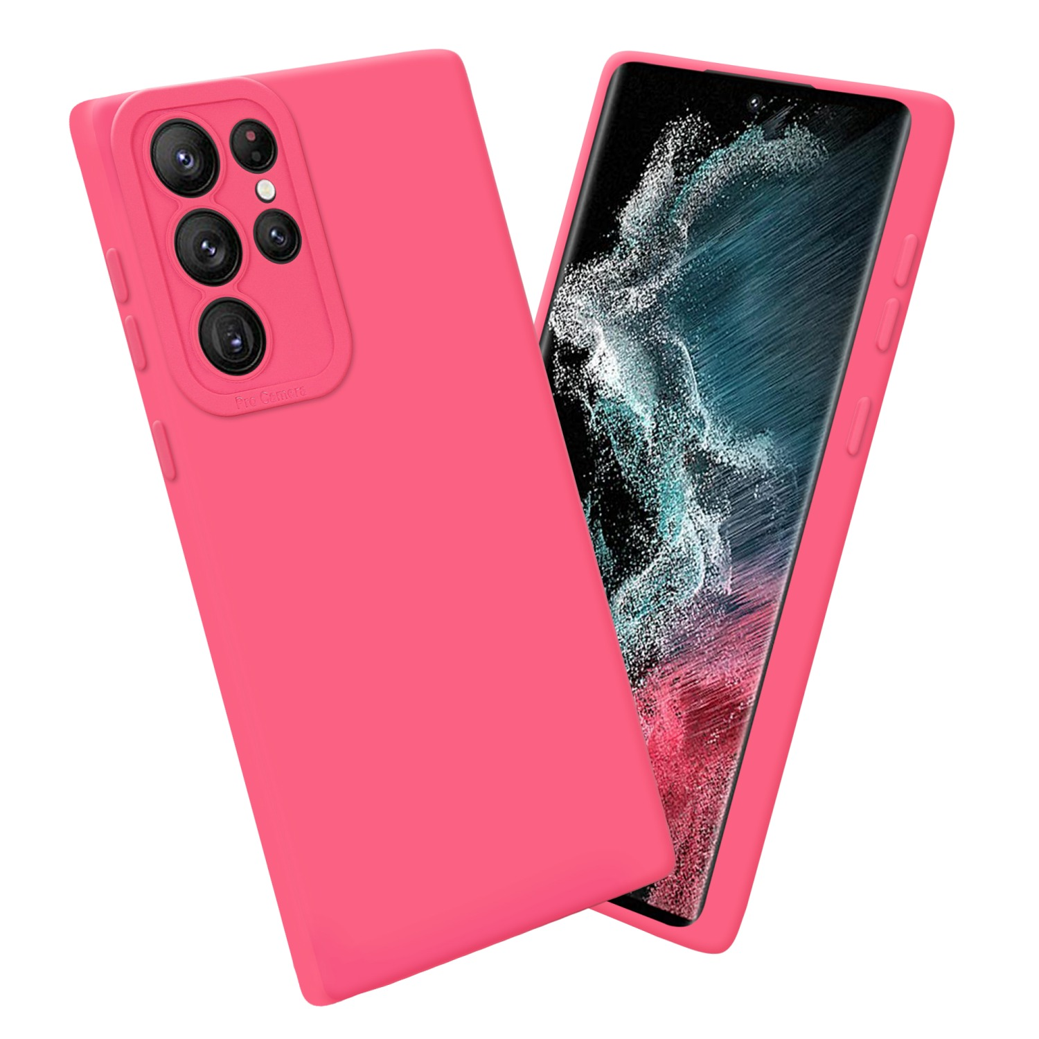 Custodie per telefono rosa con modulo fotocamera e un telefono con schermo nero.