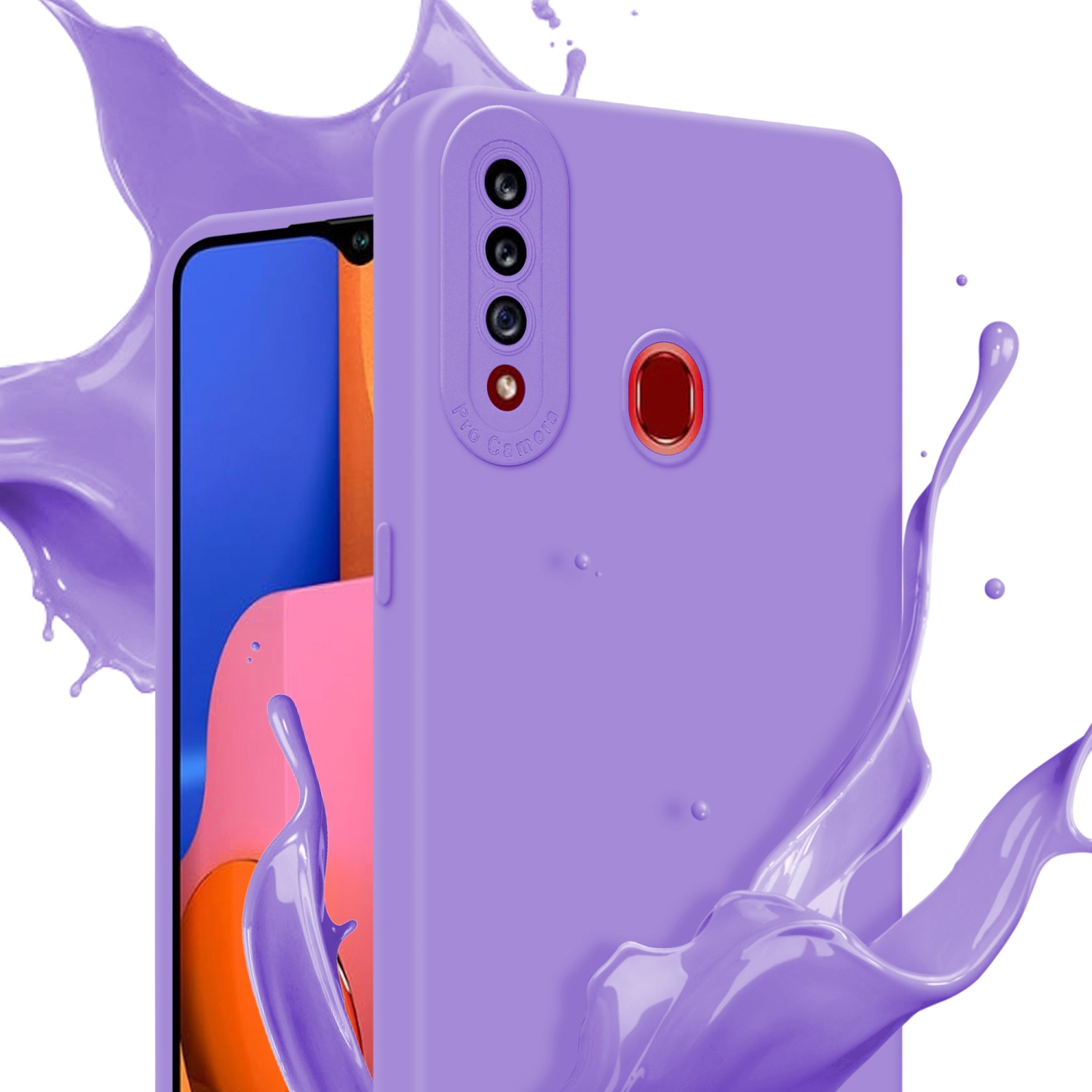Custodia viola con telefono dentro. Spruzzo di vernice viola sullo sfondo. Dettagli fotocamera.