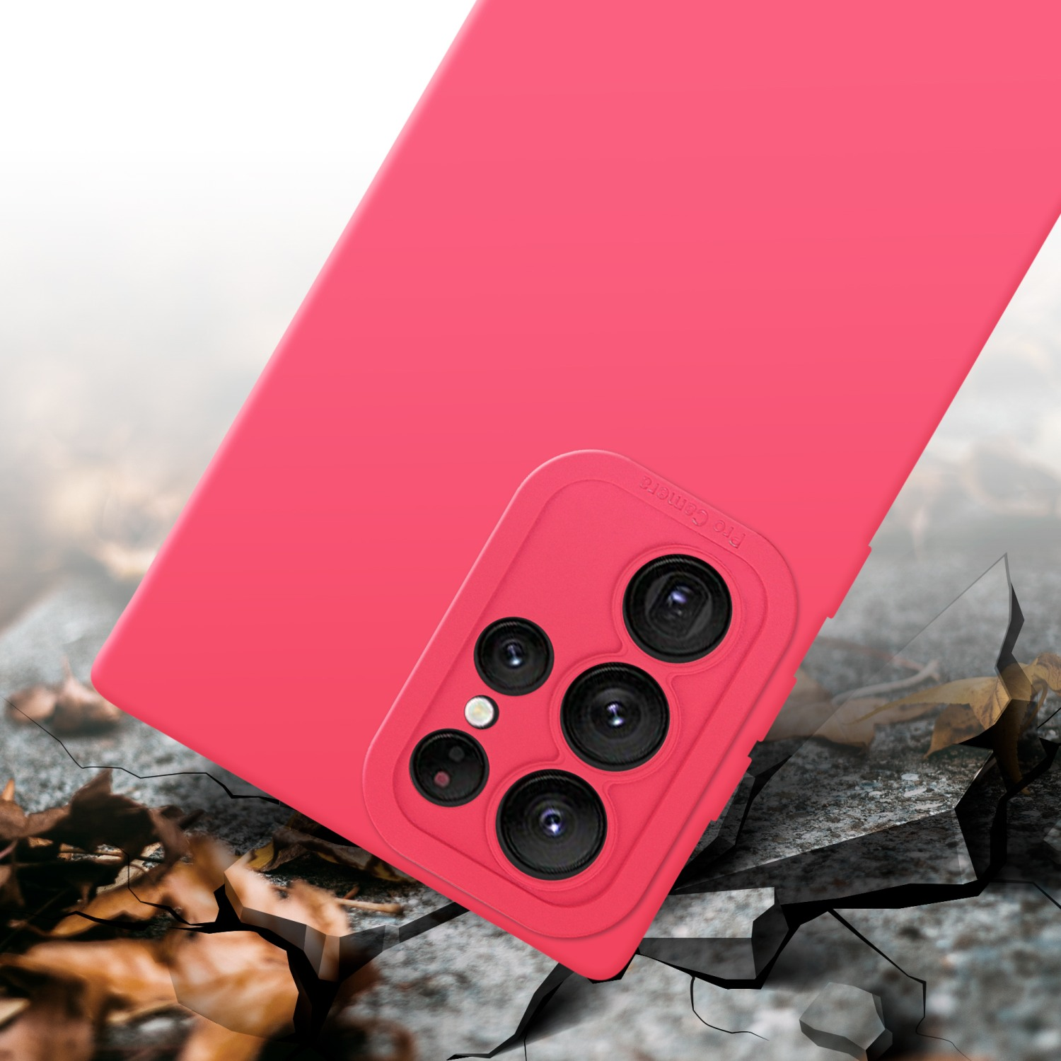 Custodia rosa per telefono con effetto suolo crepato.