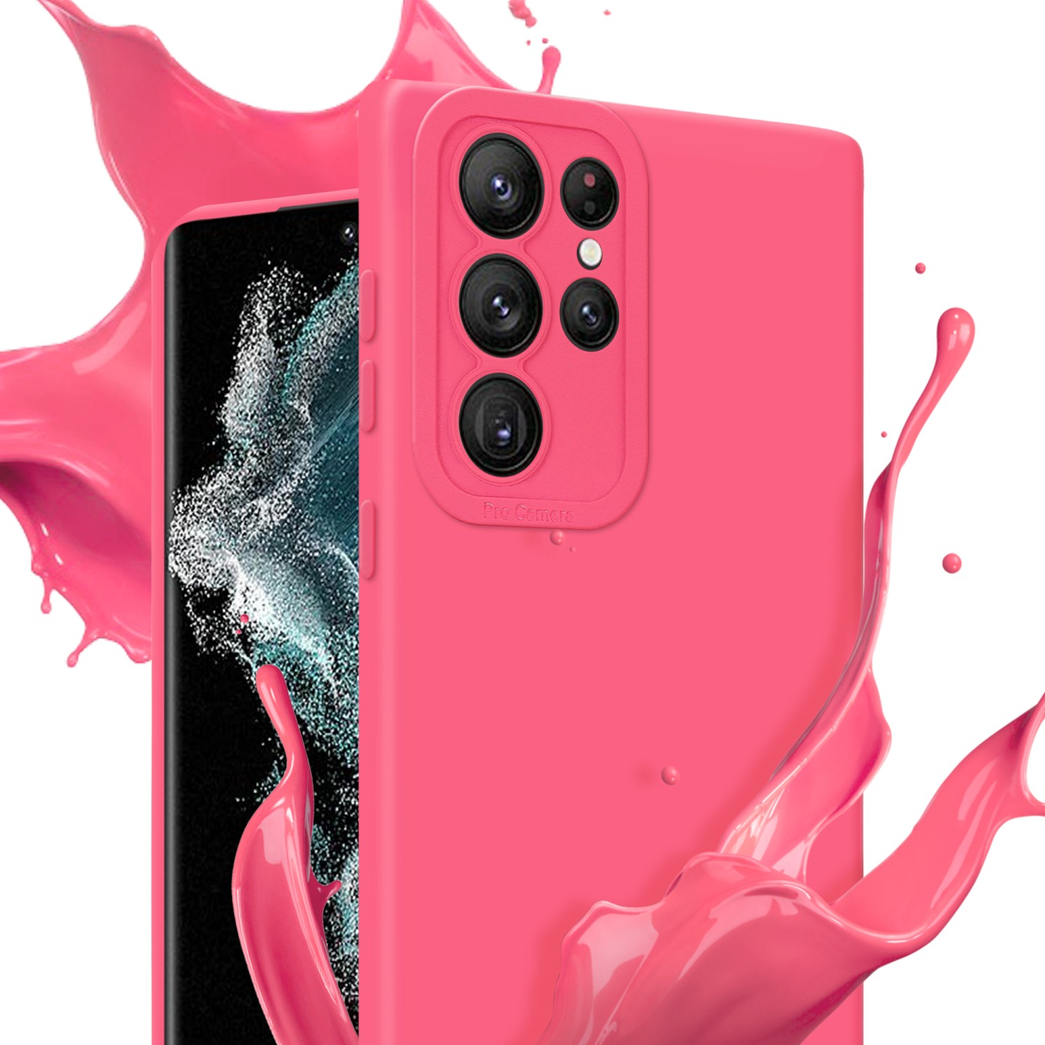 Custodia rosa con 'Pro Camera' con schizzi di vernice rosa su sfondo bianco.