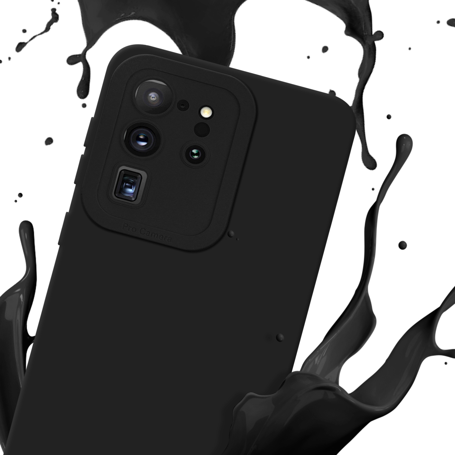 Una custodia per telefono nera con uno schizzo nero intorno. La custodia ha un rilievo per la fotocamera.