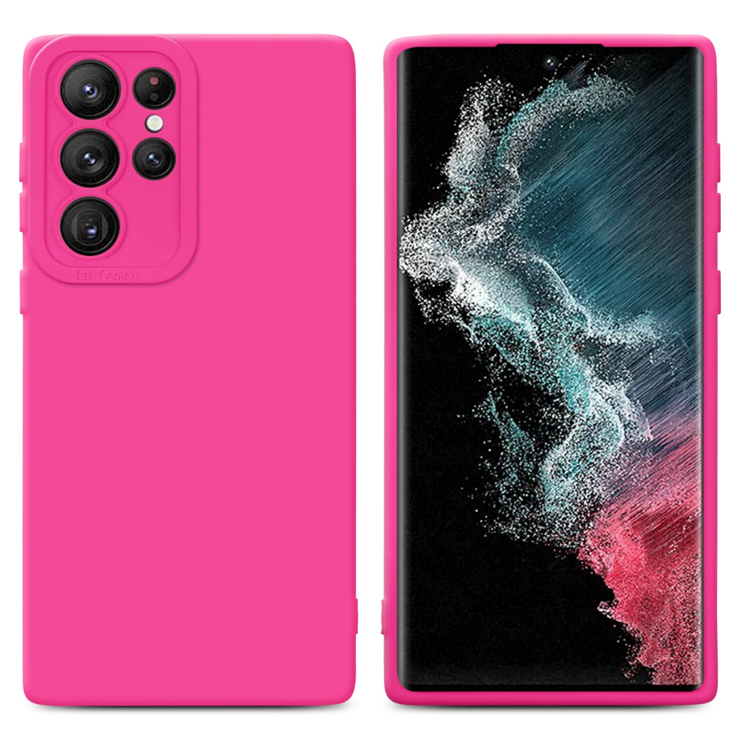 Custodia e telefono rosa. Il telefono è visualizzato su sfondo nero.