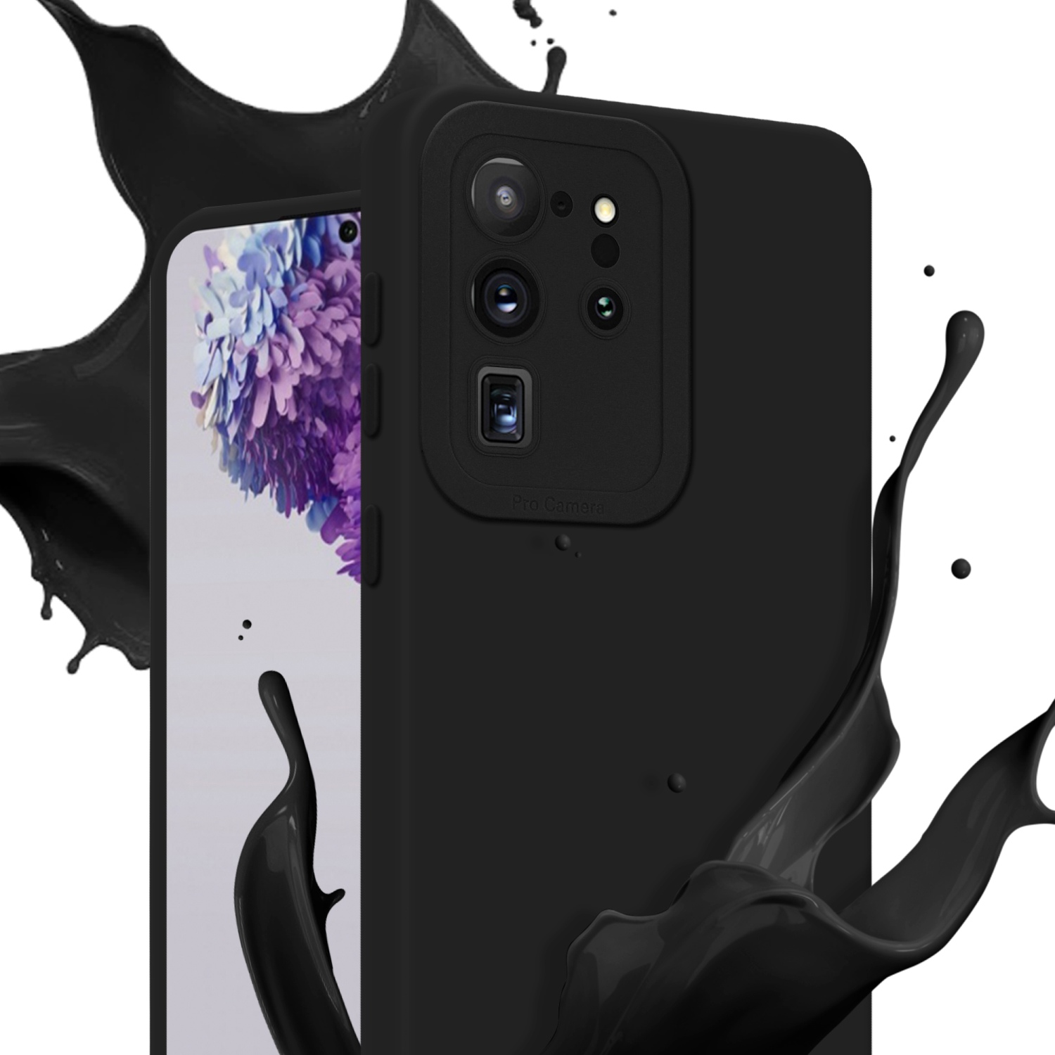 Custodia nera con un telefono che mostra un'immagine, con schizzi di vernice nera. Fotocamera Pro visibile.