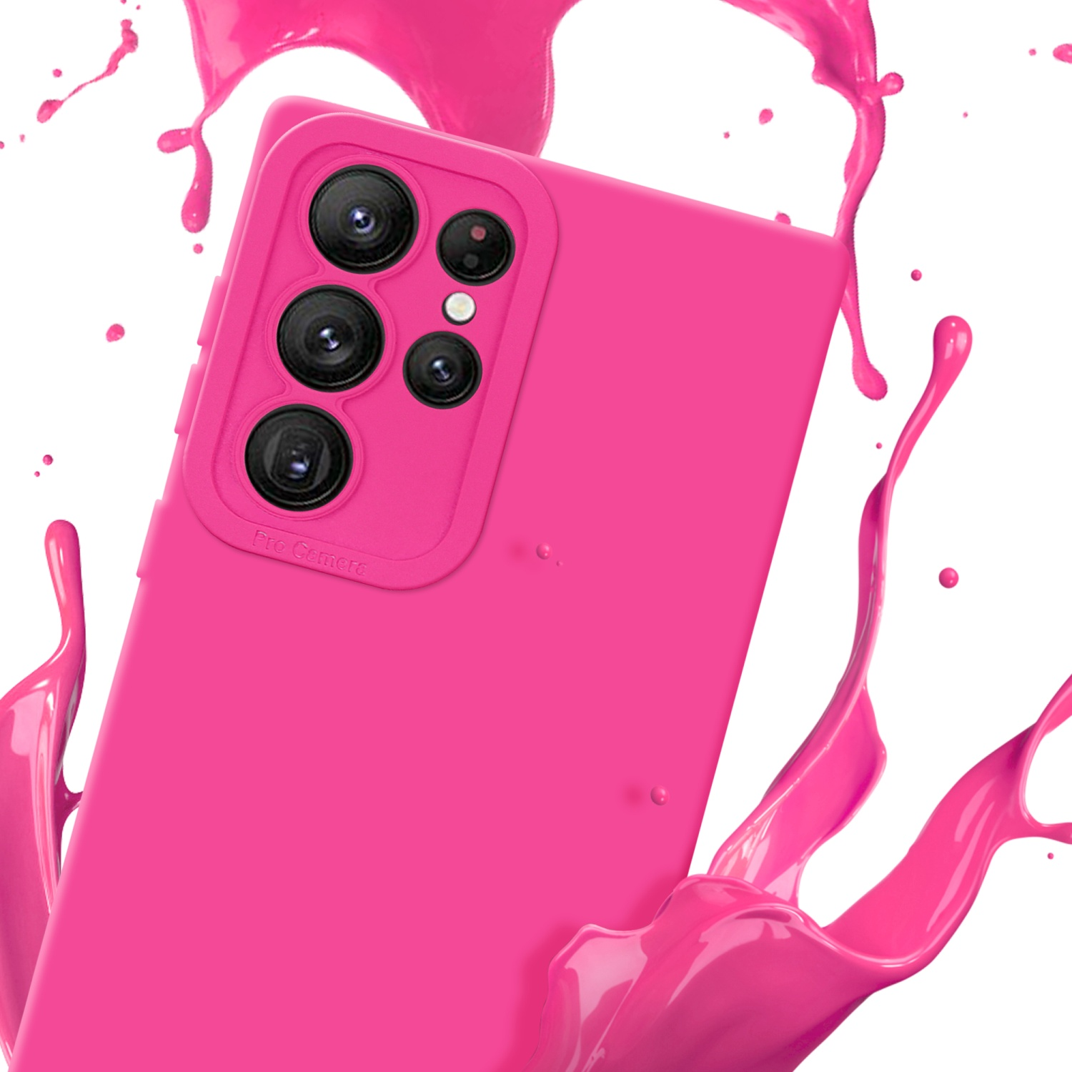 Una custodia per telefono rosa con spruzzi di vernice. Sulla custodia del telefono è scritto Pro Camera.