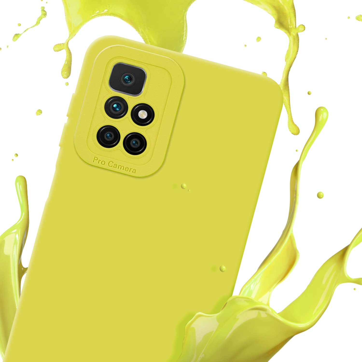 Une coque de téléphone jaune avec un module caméra est entourée d'éclaboussures de peinture jaune sur fond blanc.