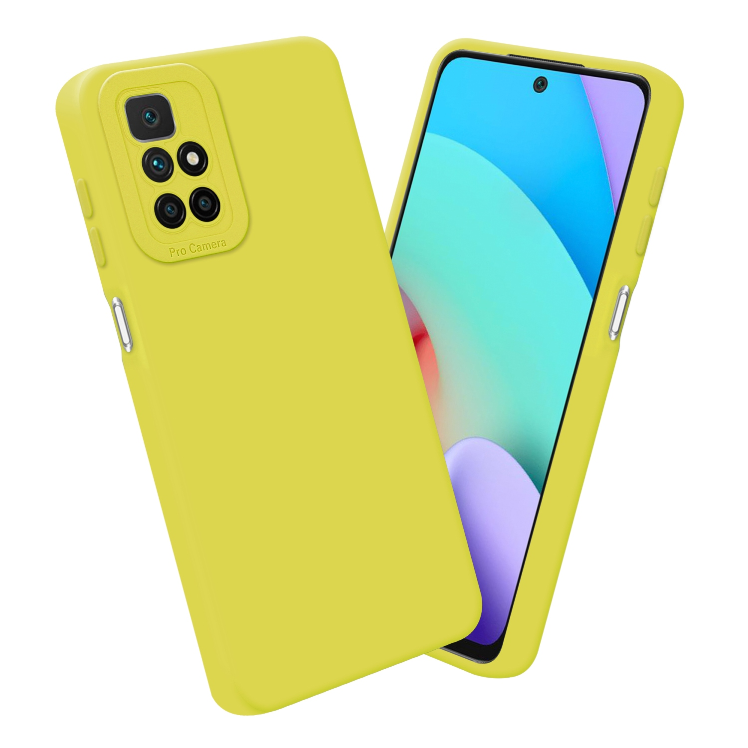 Coque de téléphone jaune et téléphone sur fond blanc. Le téléphone a un écran coloré.