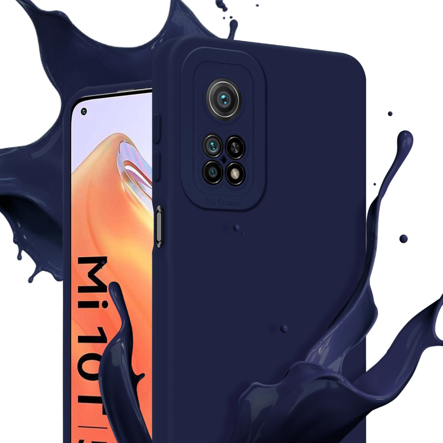 Marineblaue Handyhülle mit Telefon. Dunkelblauer Farbspritzer im Hintergrund.