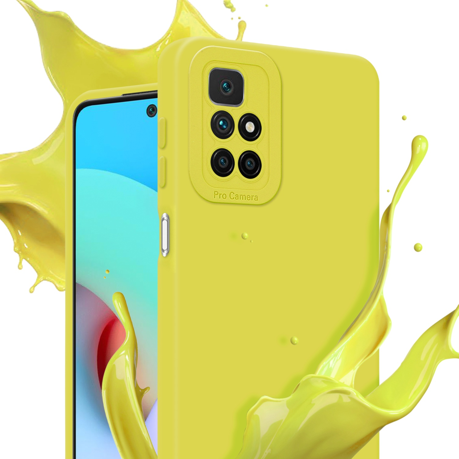 Coque de téléphone jaune avec une bosse de caméra. Éclaboussure de peinture jaune en arrière-plan. Téléphone sur fond blanc.