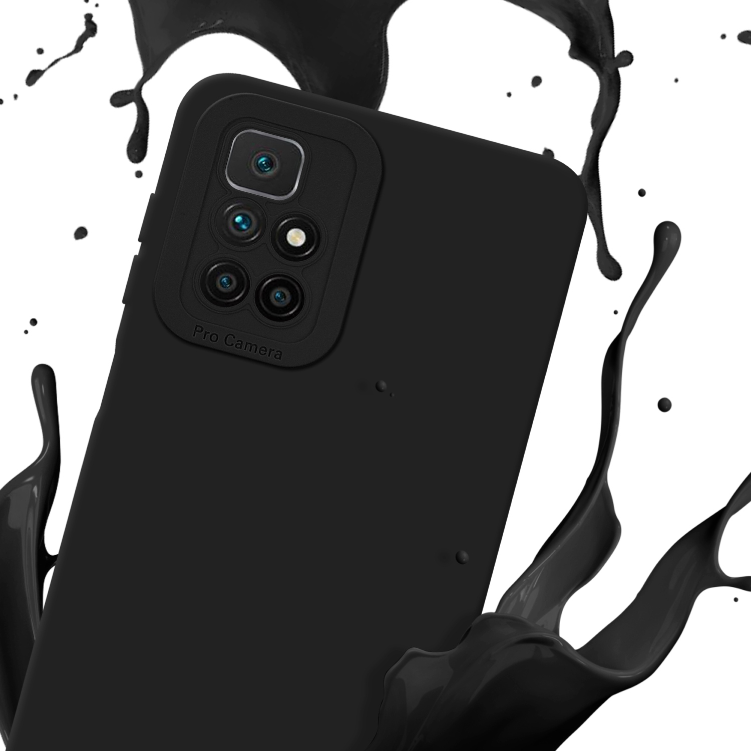Custodia per telefono nera con fotocamera pro. Gocce di vernice nera intorno alla custodia del telefono.