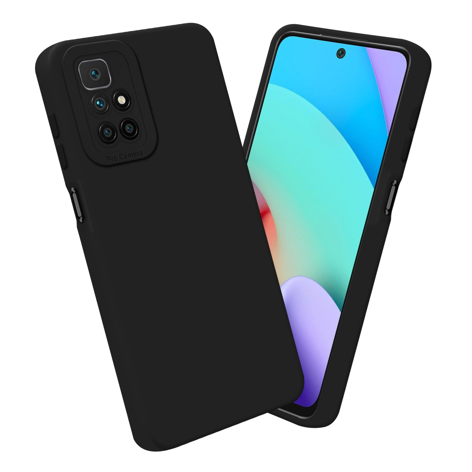 Custodia nera per telefono a sinistra e un telefono con schermo a destra. Il telefono ha una fotocamera pro.