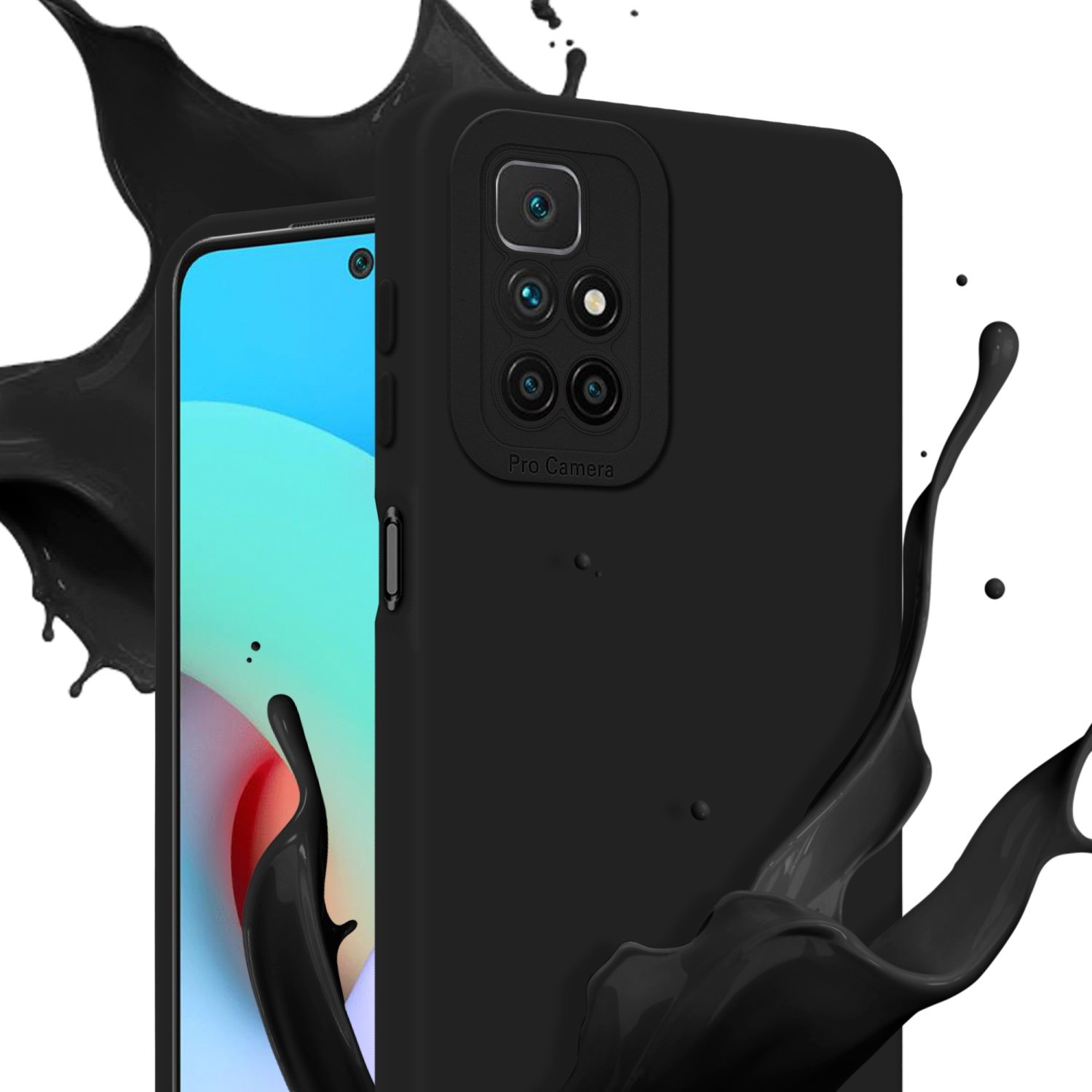 Custodia nera con schermo del telefono visibile. Schizzo di liquido nero sullo sfondo.