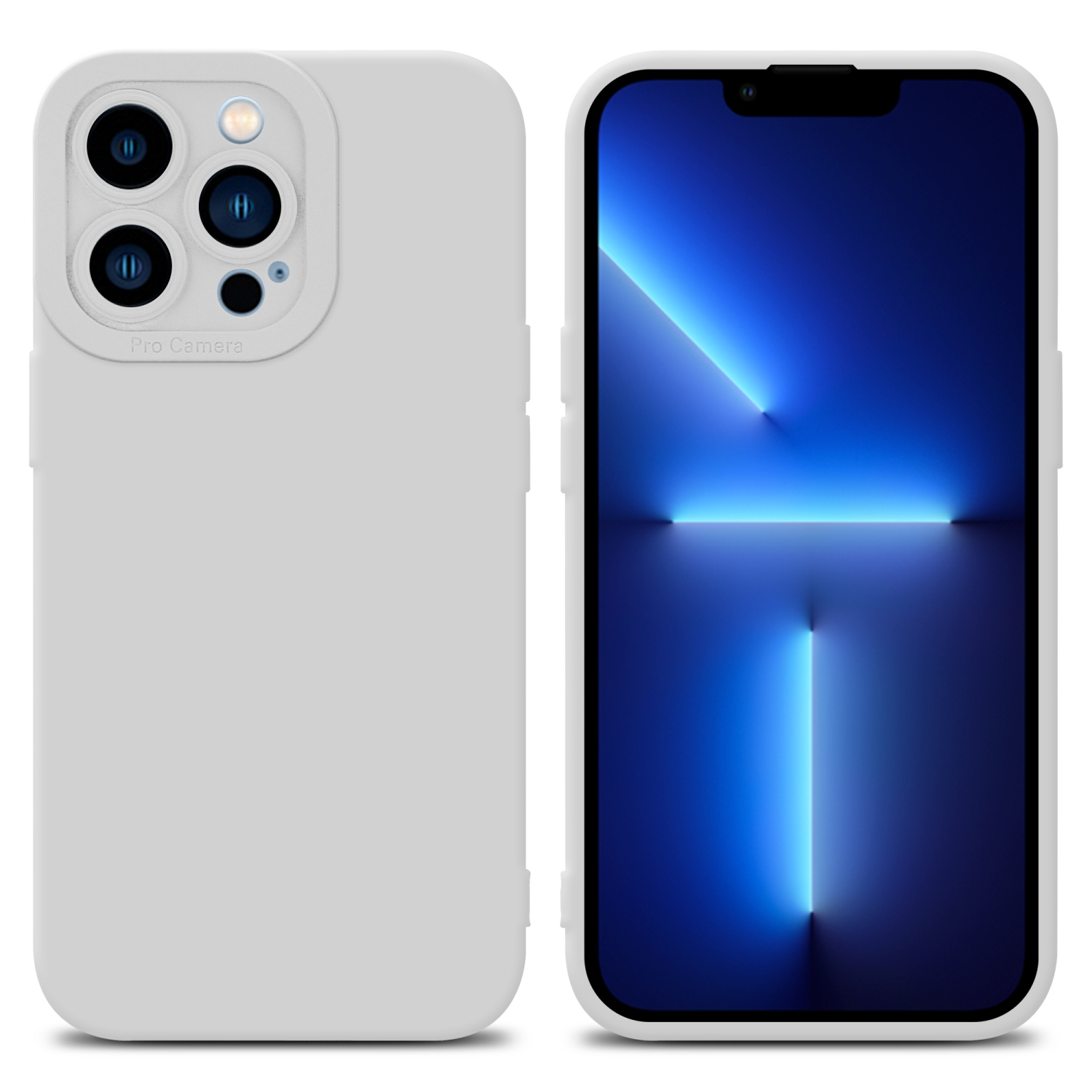 Eine hellgraue Handyhülle und ein Telefon mit blau-schwarzem Farbverlauf-Display.