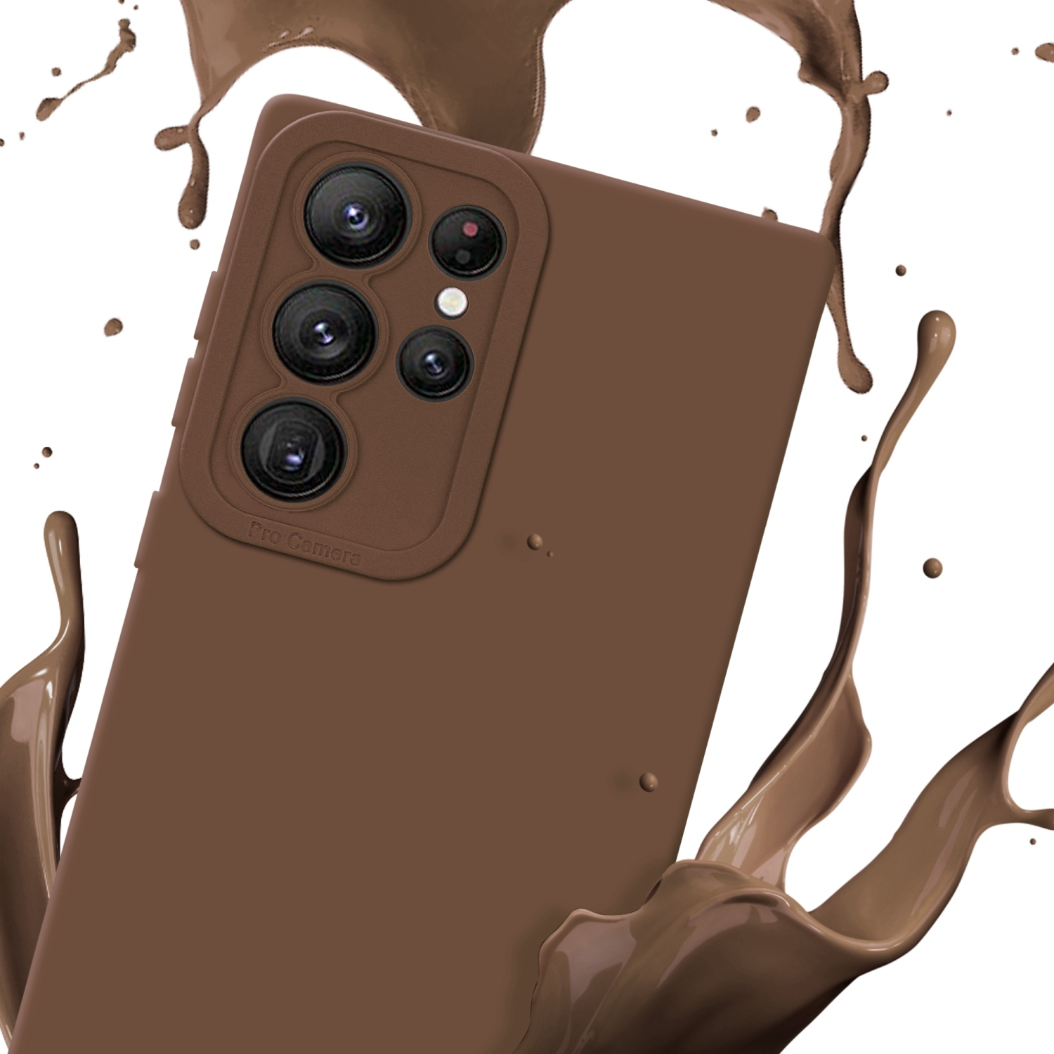 Coque de téléphone marron avec effet splash. Étiquette Pro Camera au dos.