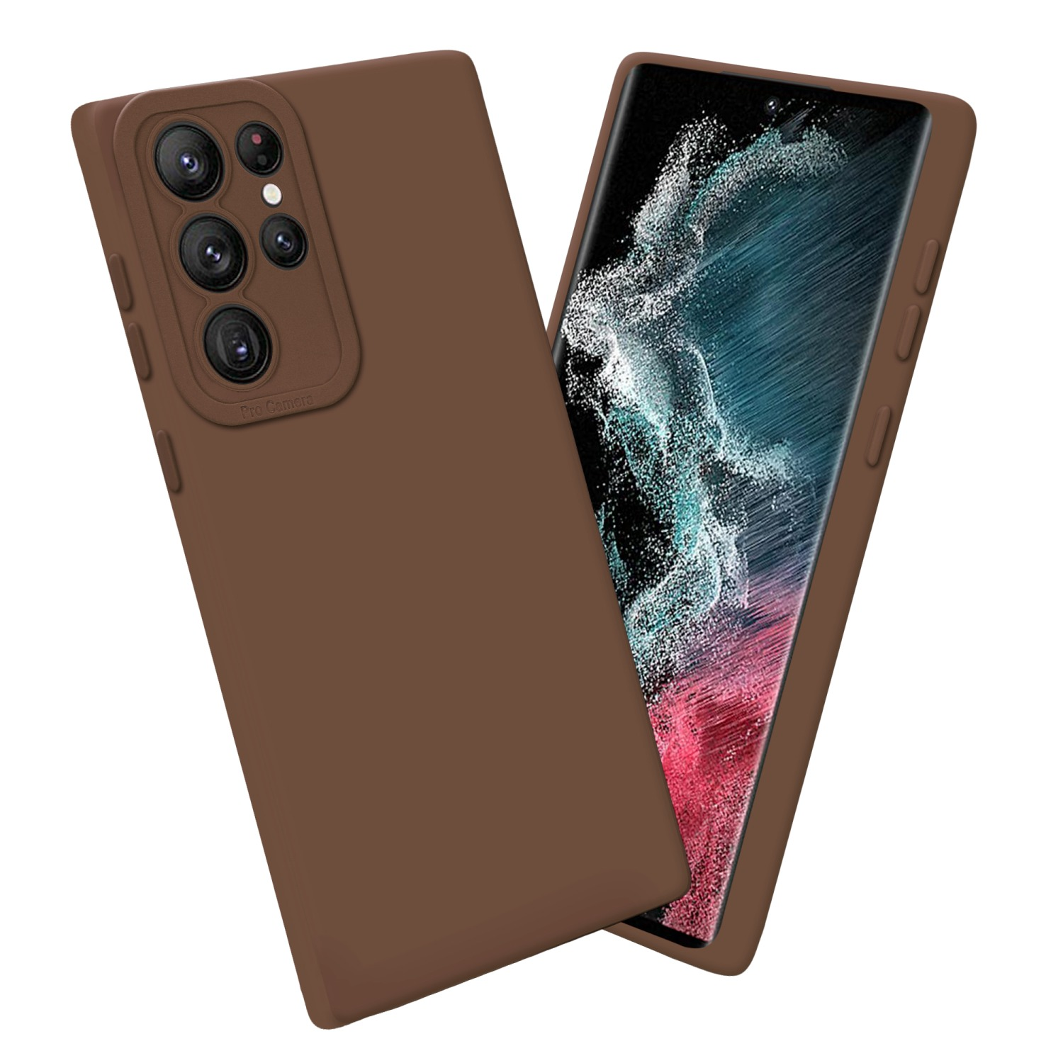 Coque marron et smartphone. Écran affiche image bleue et rouge.