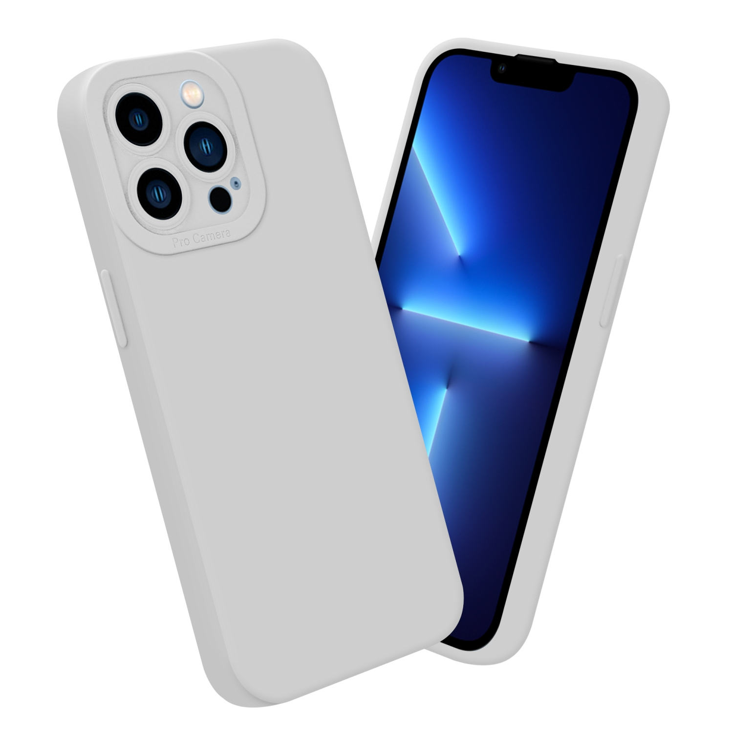 Weiße Handyhülle mit Telefon. Das Telefon hat einen blauen Bildschirm. Weißer Hintergrund.
