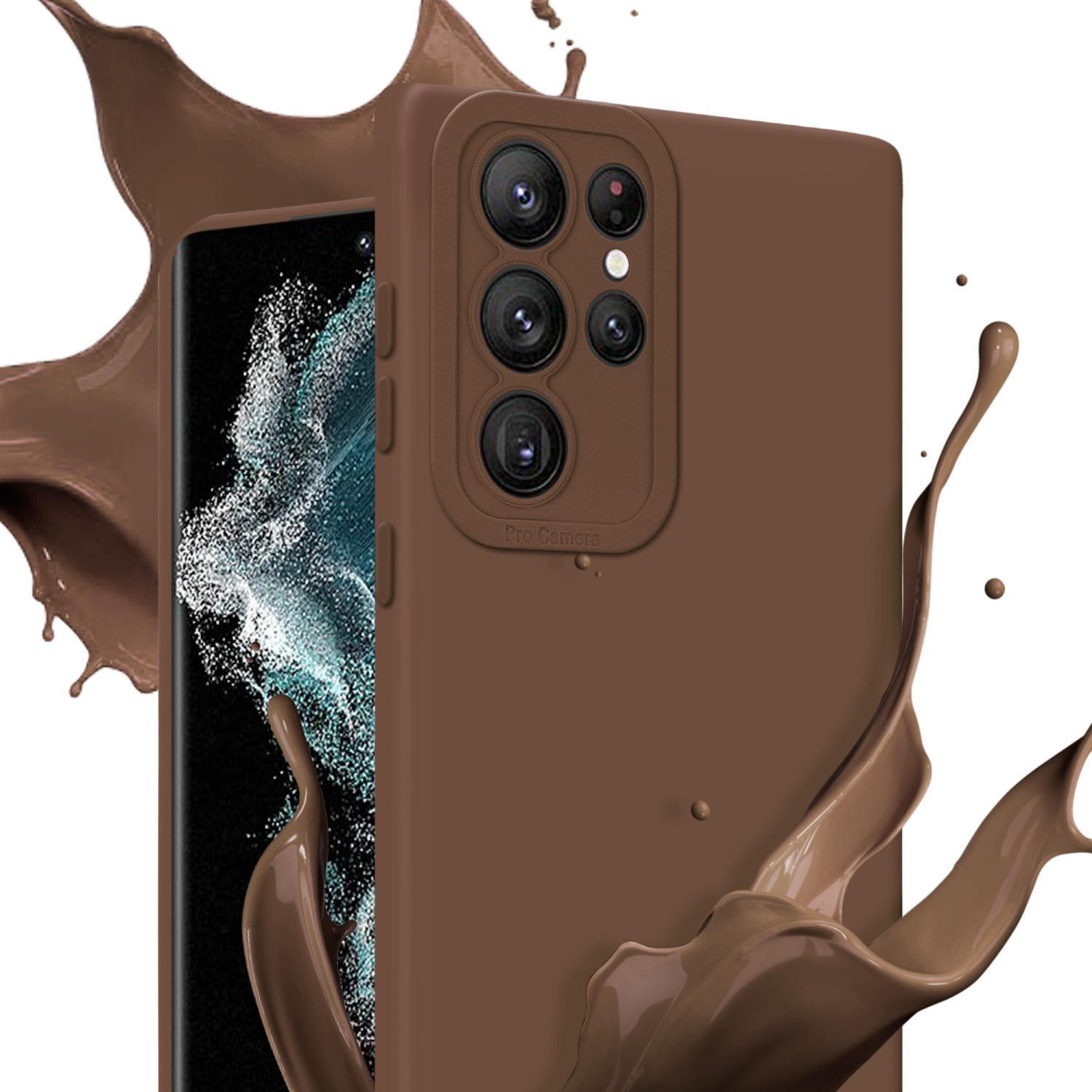 Coque de téléphone marron avec détails caméra, éclaboussure de liquide marron sur fond blanc.