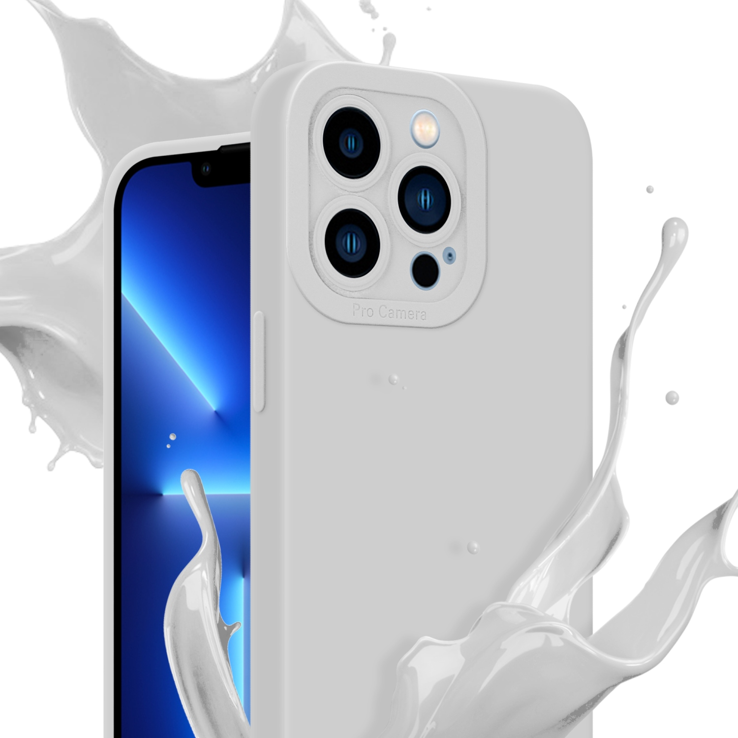 Weiße Handyhülle mit Telefon und weißem Farbspritzer. Weißer Hintergrund.