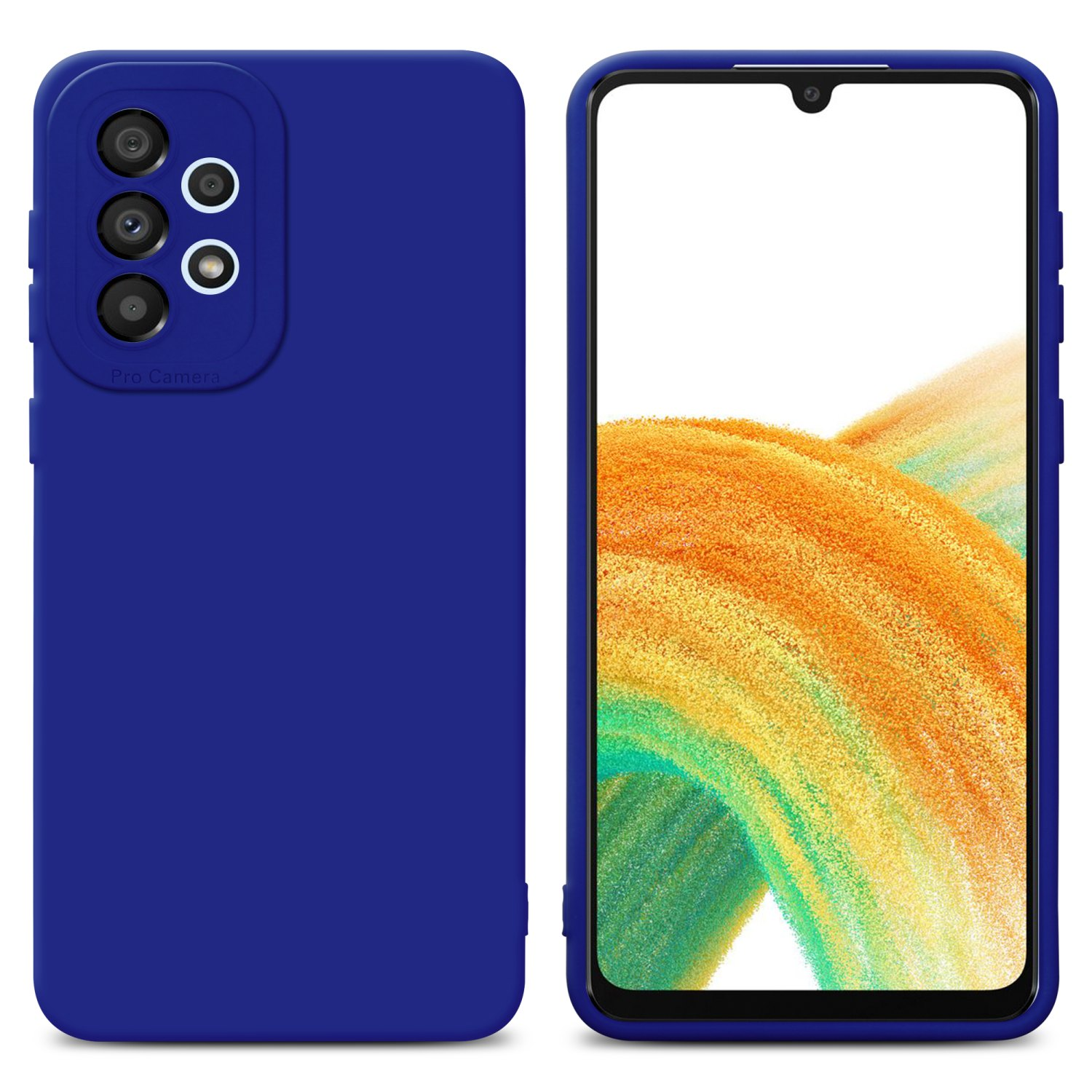 Una custodia blu per telefono con la fotocamera visibile. Il telefono è a destra.