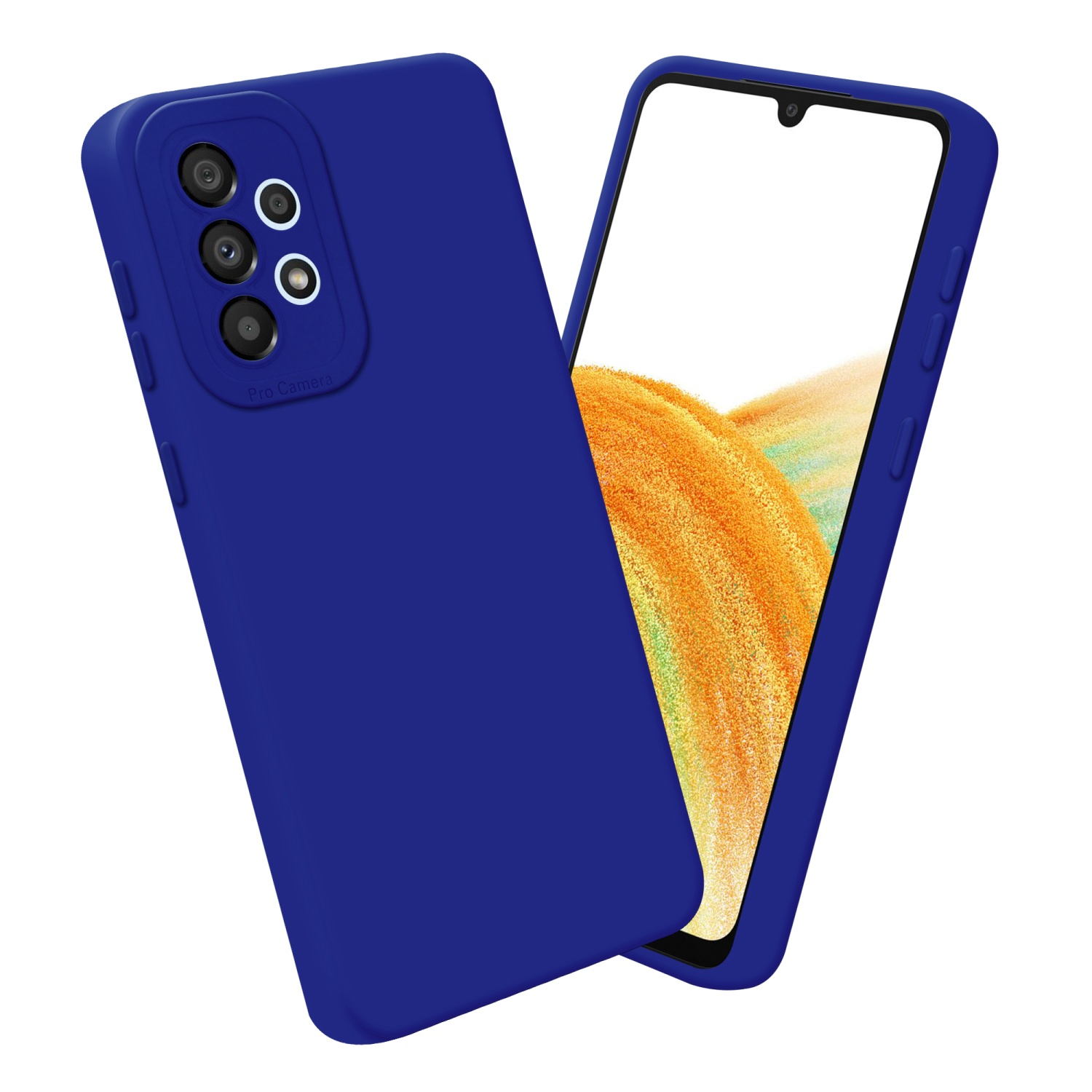 Custodia blu per telefono con tre lenti della fotocamera sul retro.