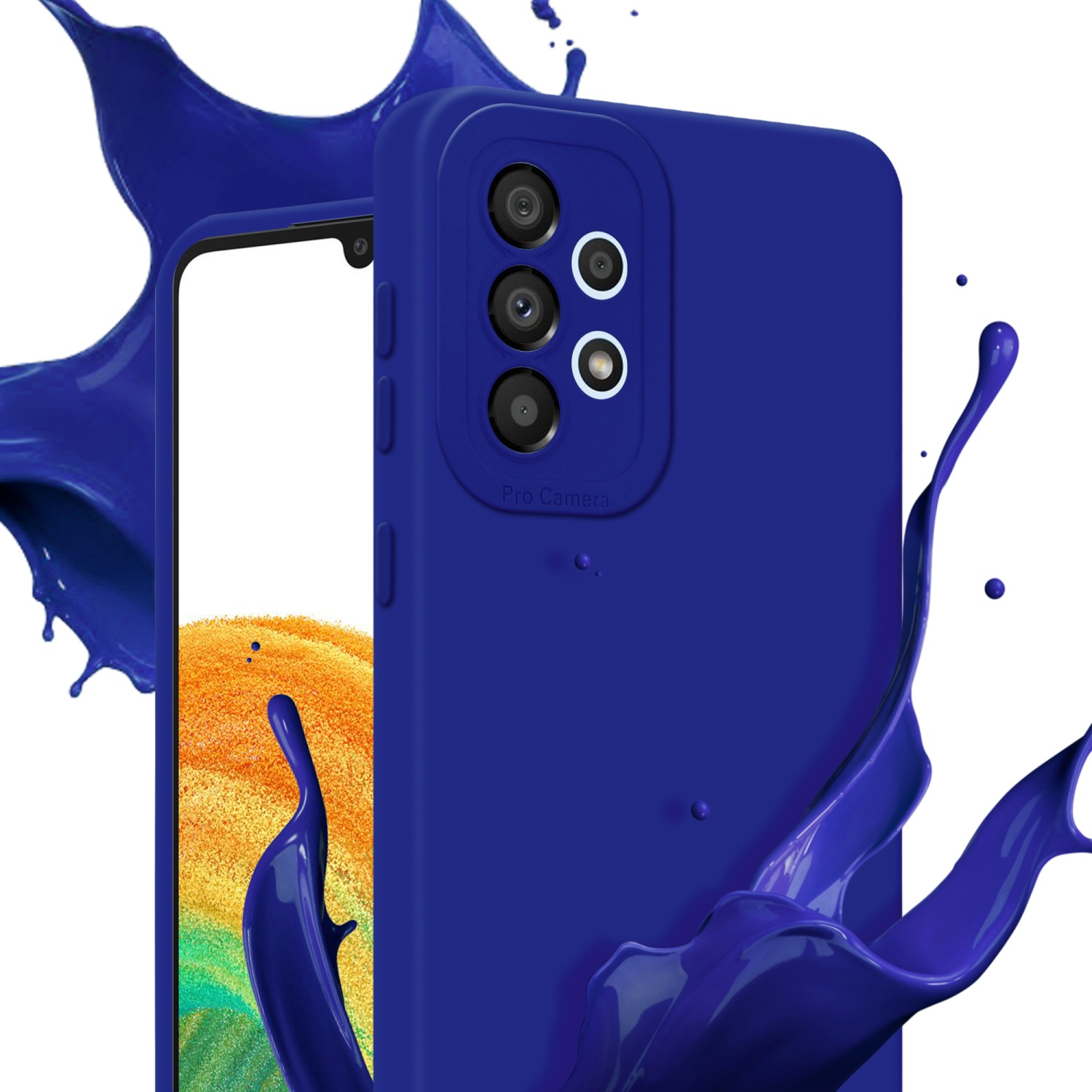 Una custodia blu con più fotocamere, con schizzi di vernice blu. Lo schermo del telefono è visibile.