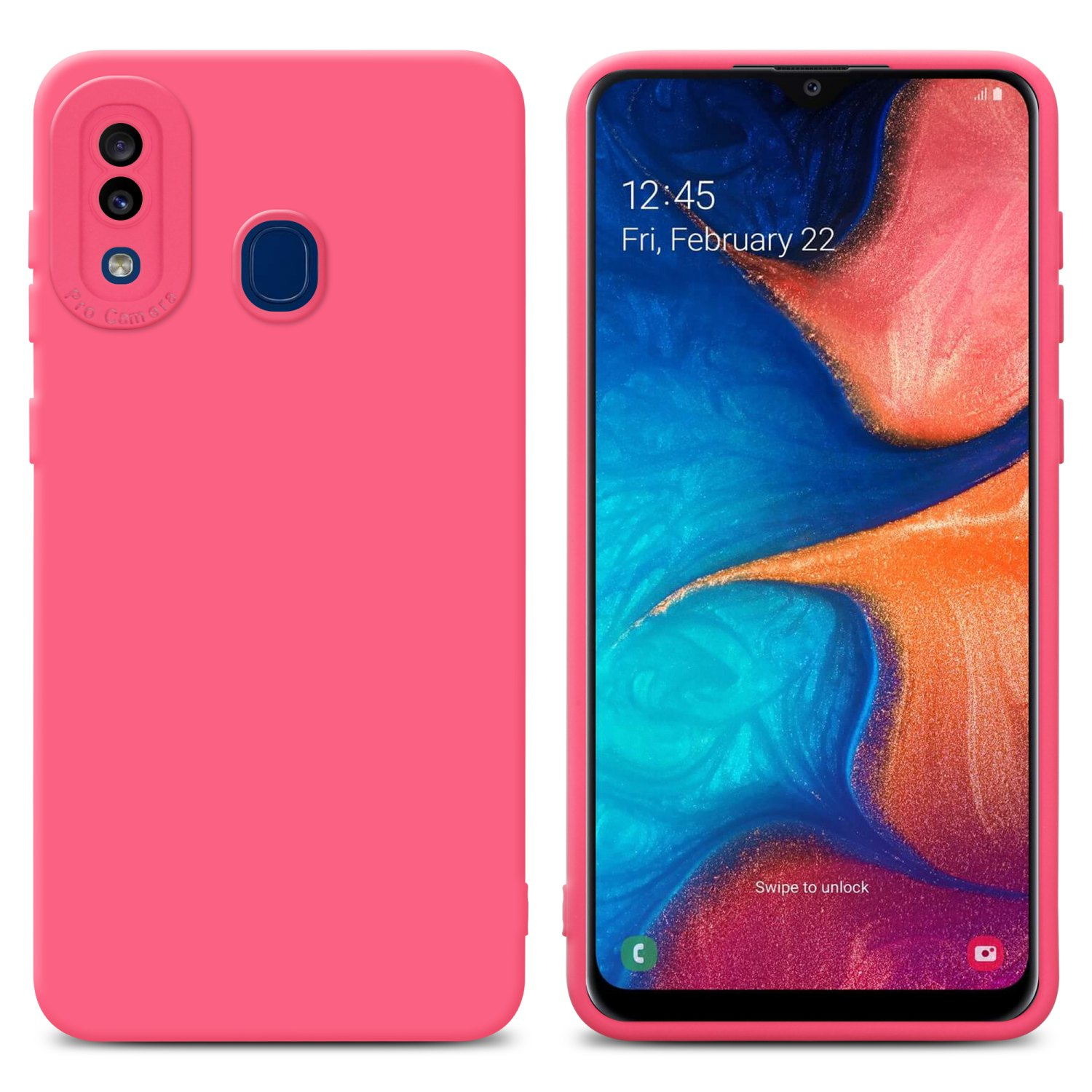 Custodia e telefono rosa. Il telefono mostra l'ora. Sfondo bianco.