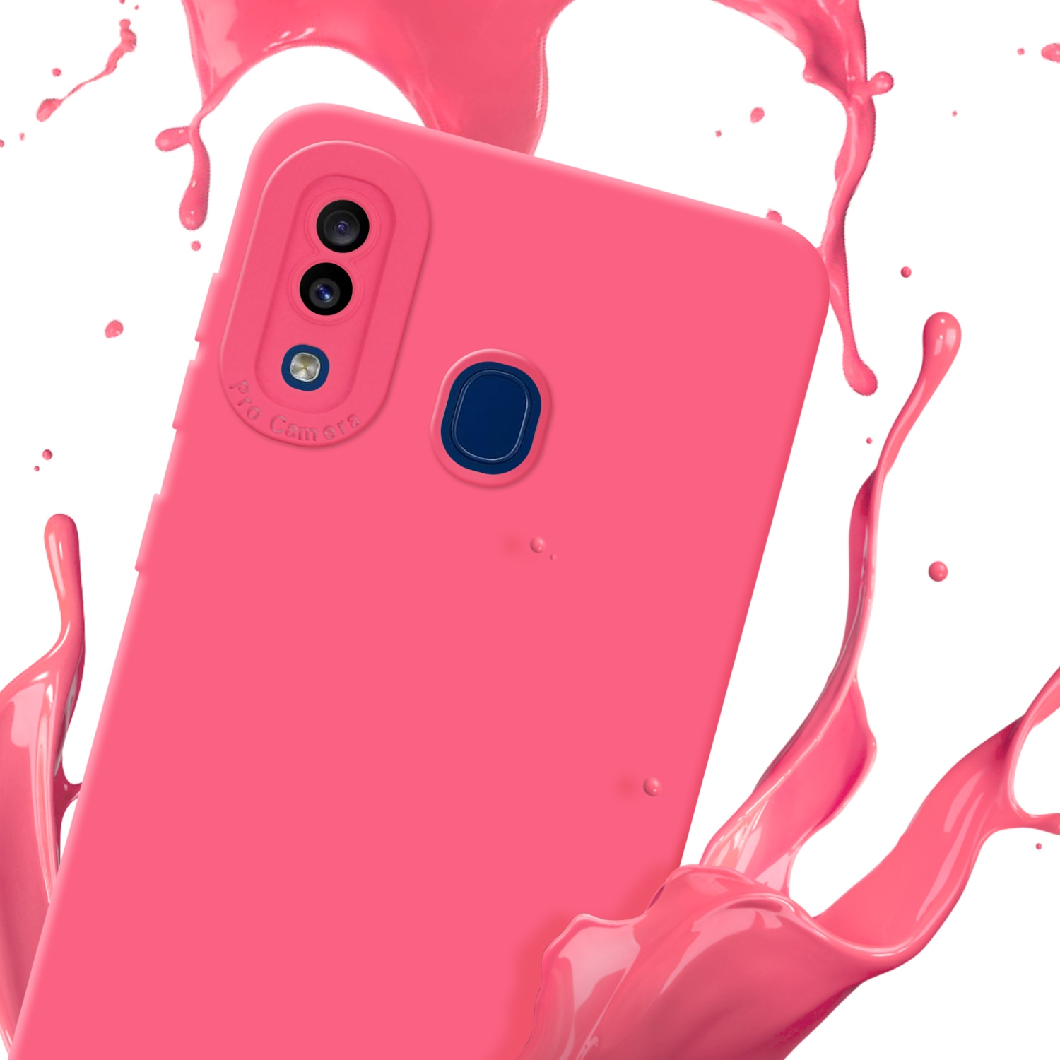 Custodia per telefono rosa con schizzo di vernice rosa.