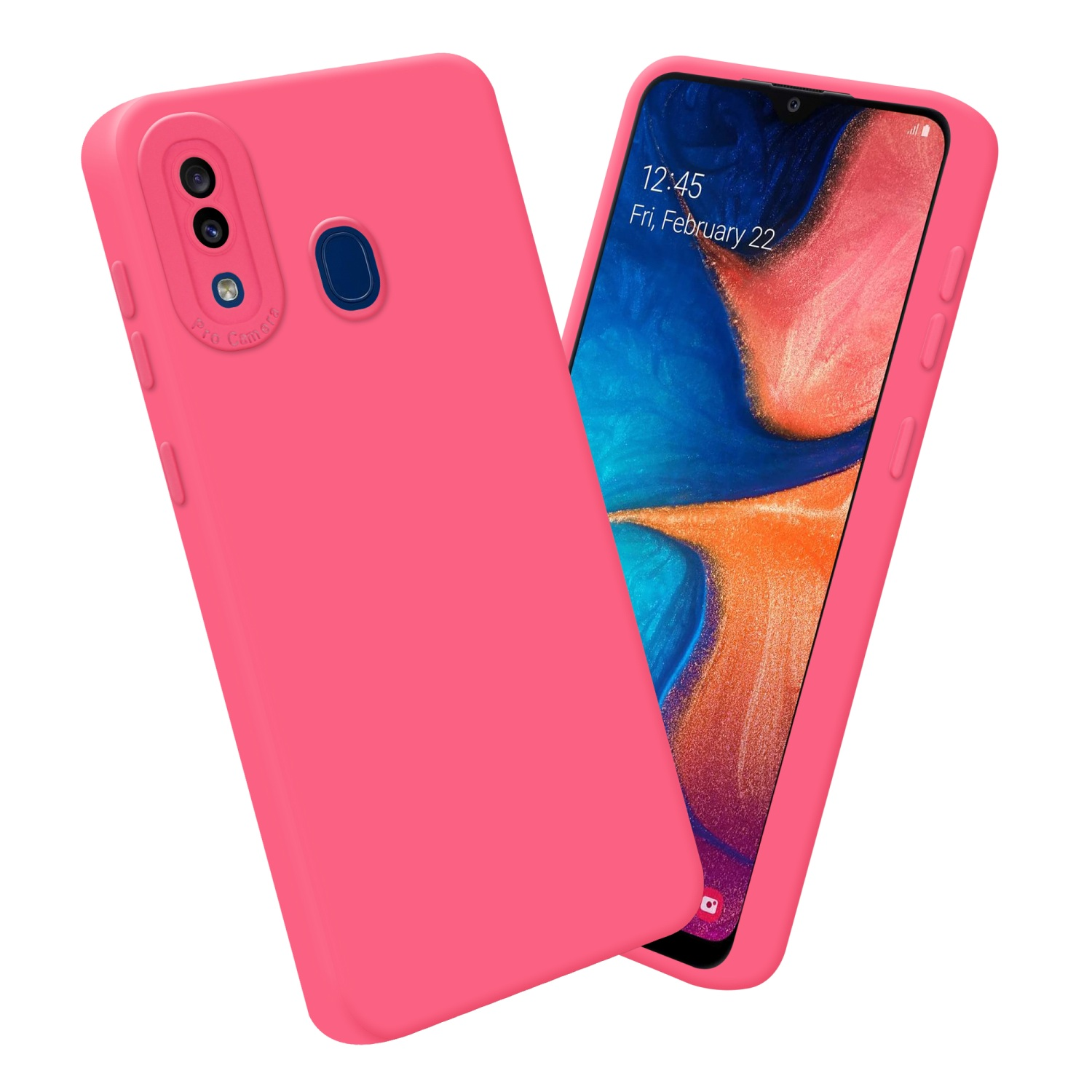 Una custodia e un telefono rosa. Il telefono visualizza uno schermo. La custodia ha 3 fotocamere.